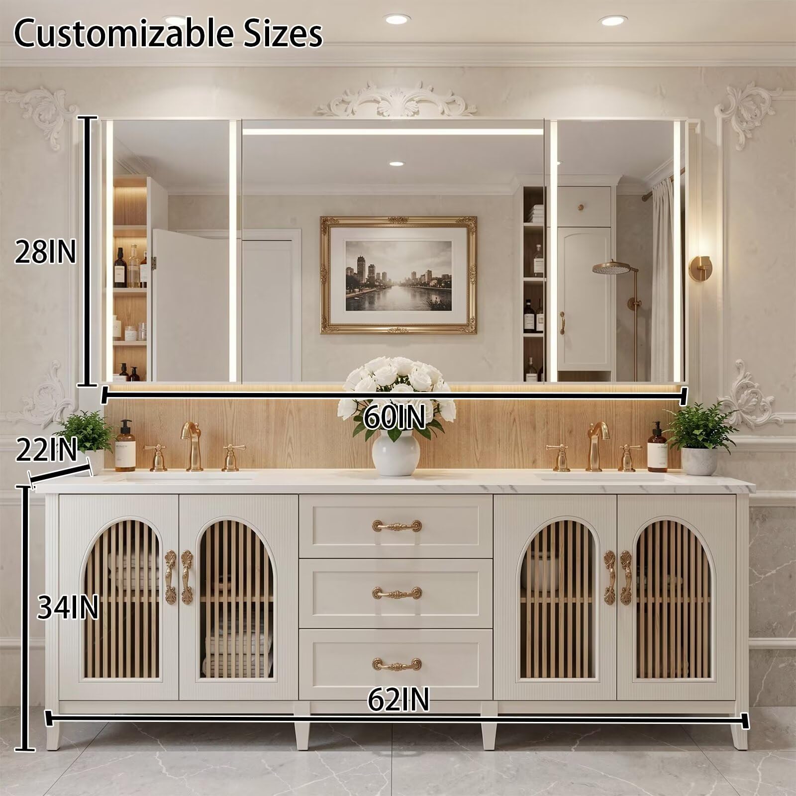 60"-96"Modern Farmhouse Bathroom Vanity, Light Wood Cabinet with Drawers & Arched Openings