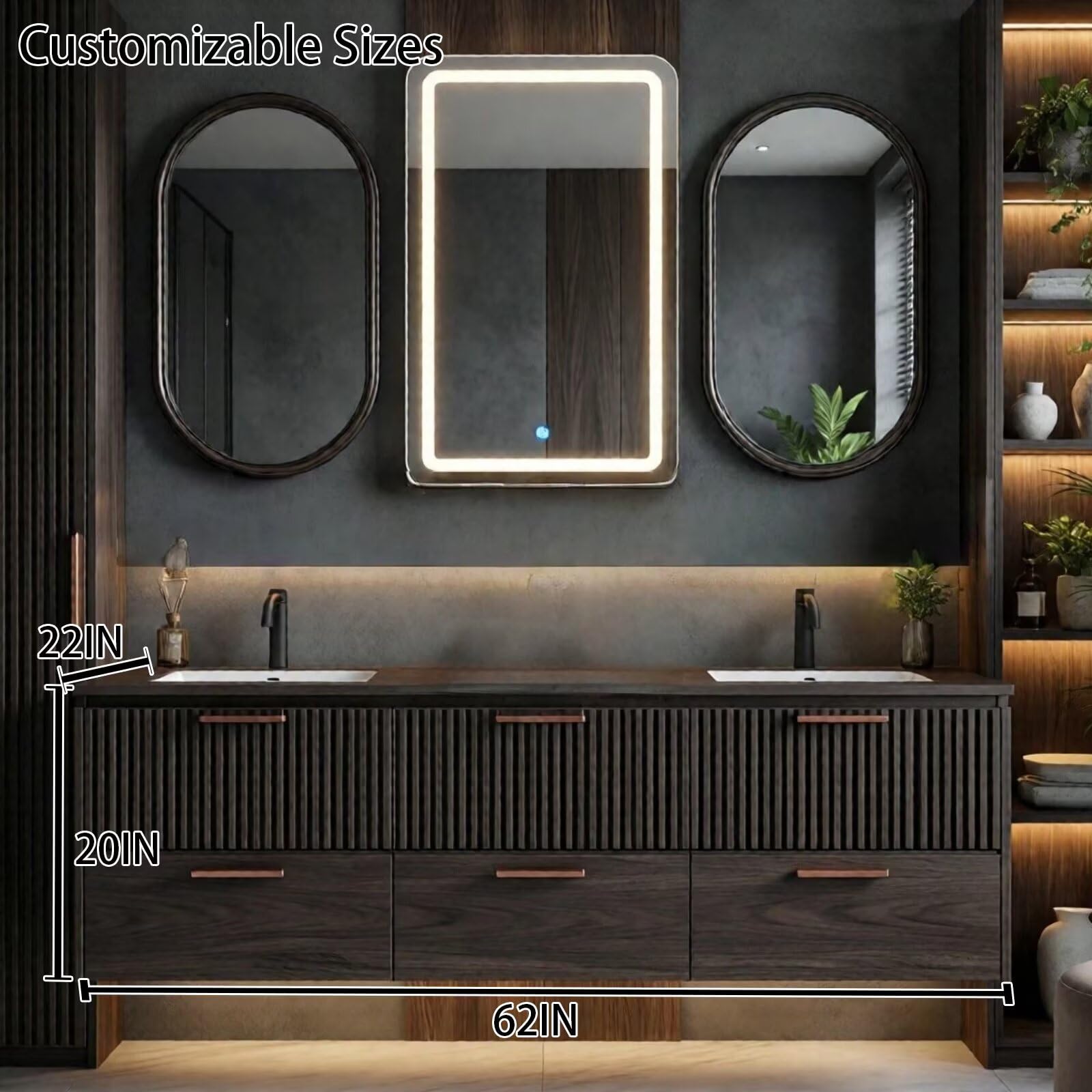 60"-96"Modern Freestanding Bathroom Vanity Set with LED Lighted Mirror & Storage
