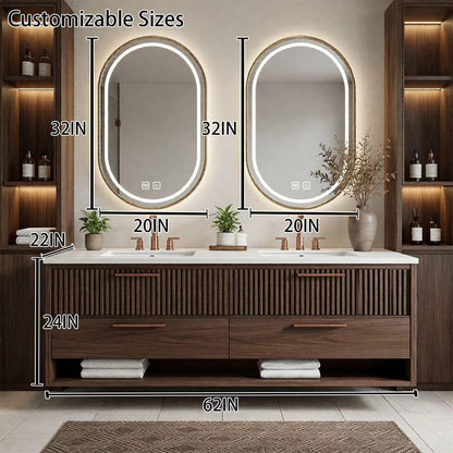 60"-96"Walnut Fluted Bathroom Vanity with Double Sinks & LED Gold Oval Mirrors
