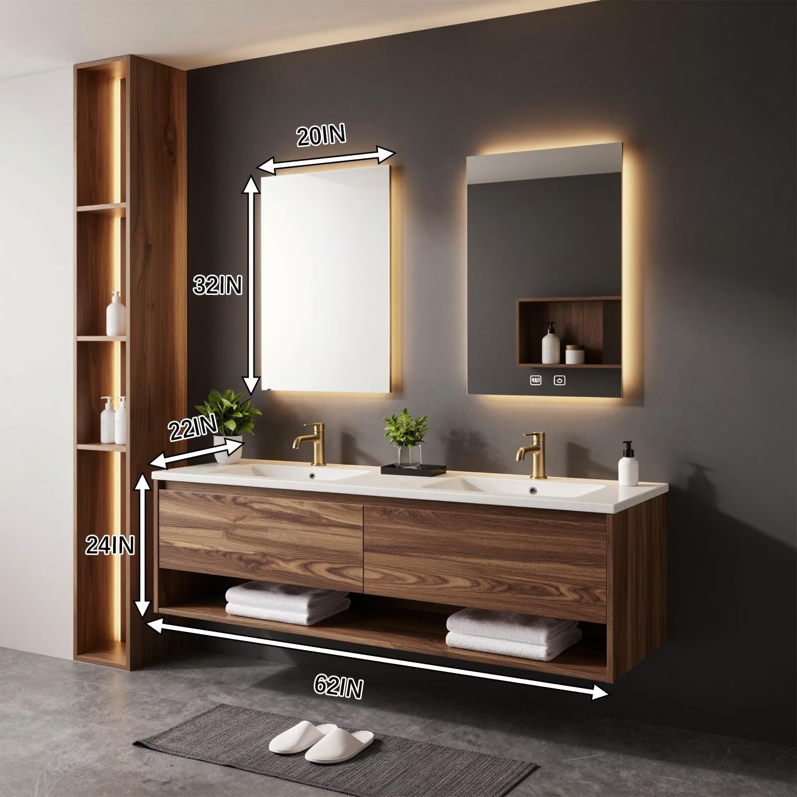 60”-96”Modern Wall-Mounted Bathroom Vanity with Walnut Finish & LED Lighted Mirrors