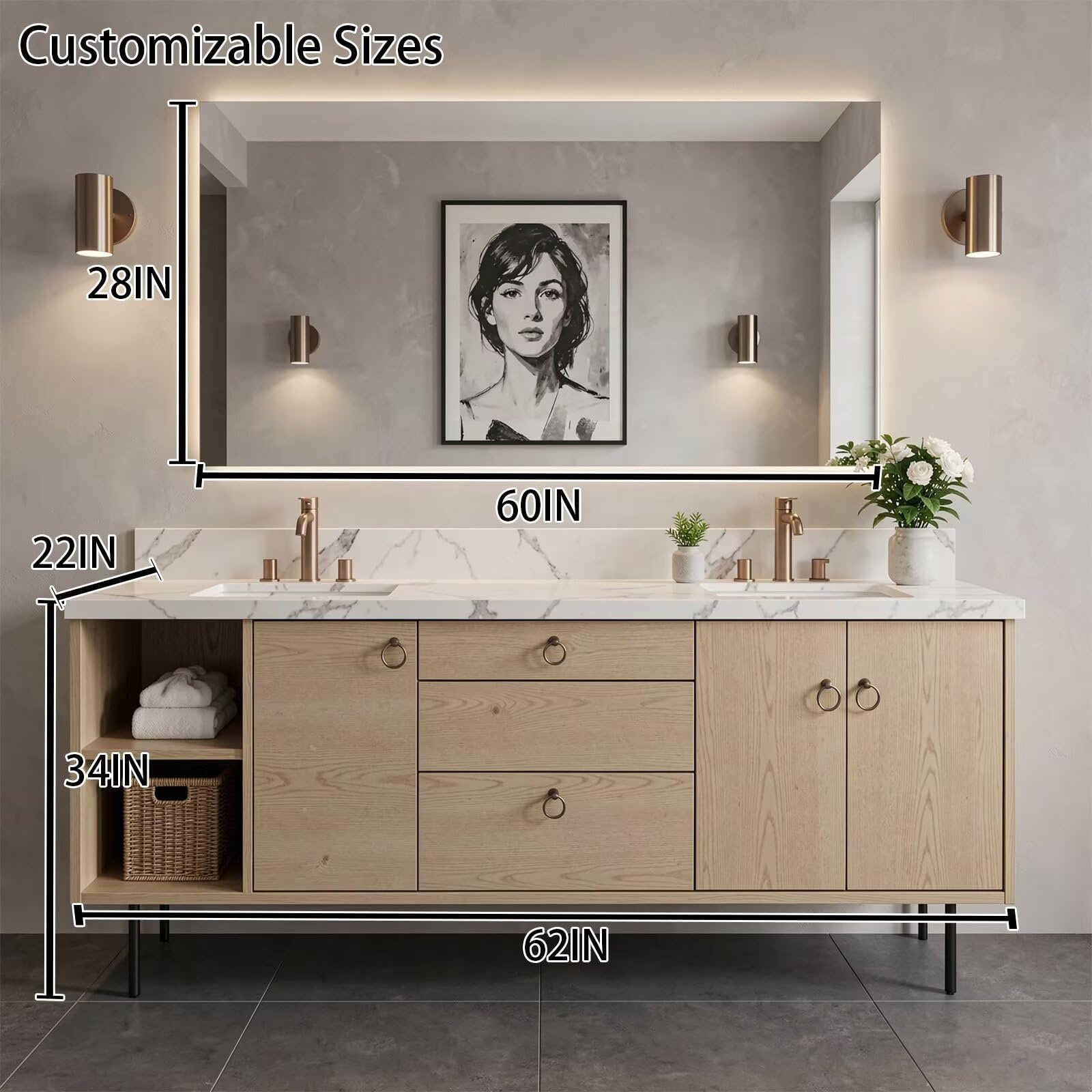 60"-96"Modern Light Oak Floating Bathroom Vanity with Double Sinks & Marble Top