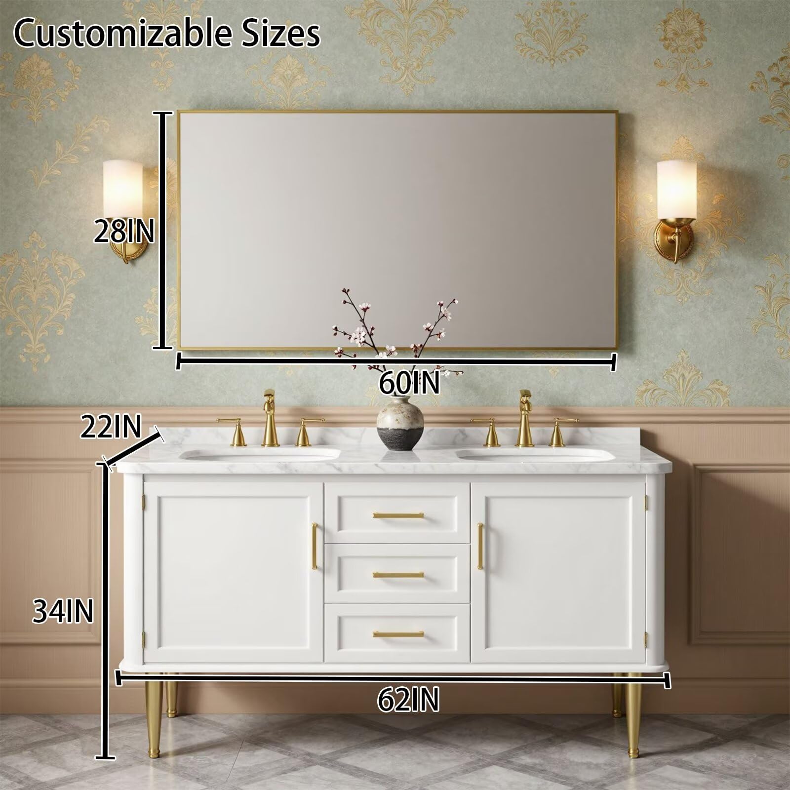 60"-96"Luxury Freestanding Vanity, White Cabinet with Gold Handles & Marble Countertop