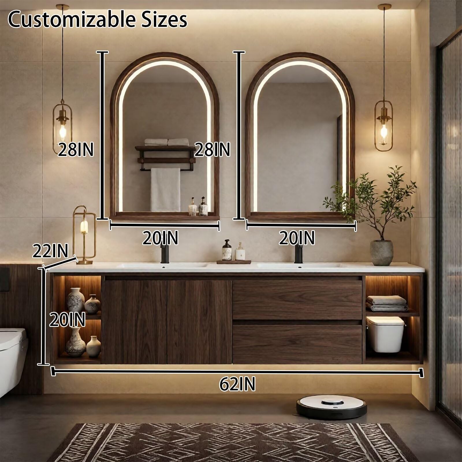 60"-96"Dark Walnut Floating Bathroom Vanity with LED Arched Mirrors & Open Shelves