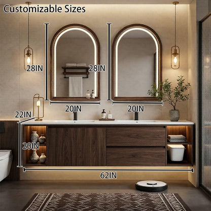 60"-96"Dark Walnut Floating Bathroom Vanity with LED Arched Mirrors & Open Shelves