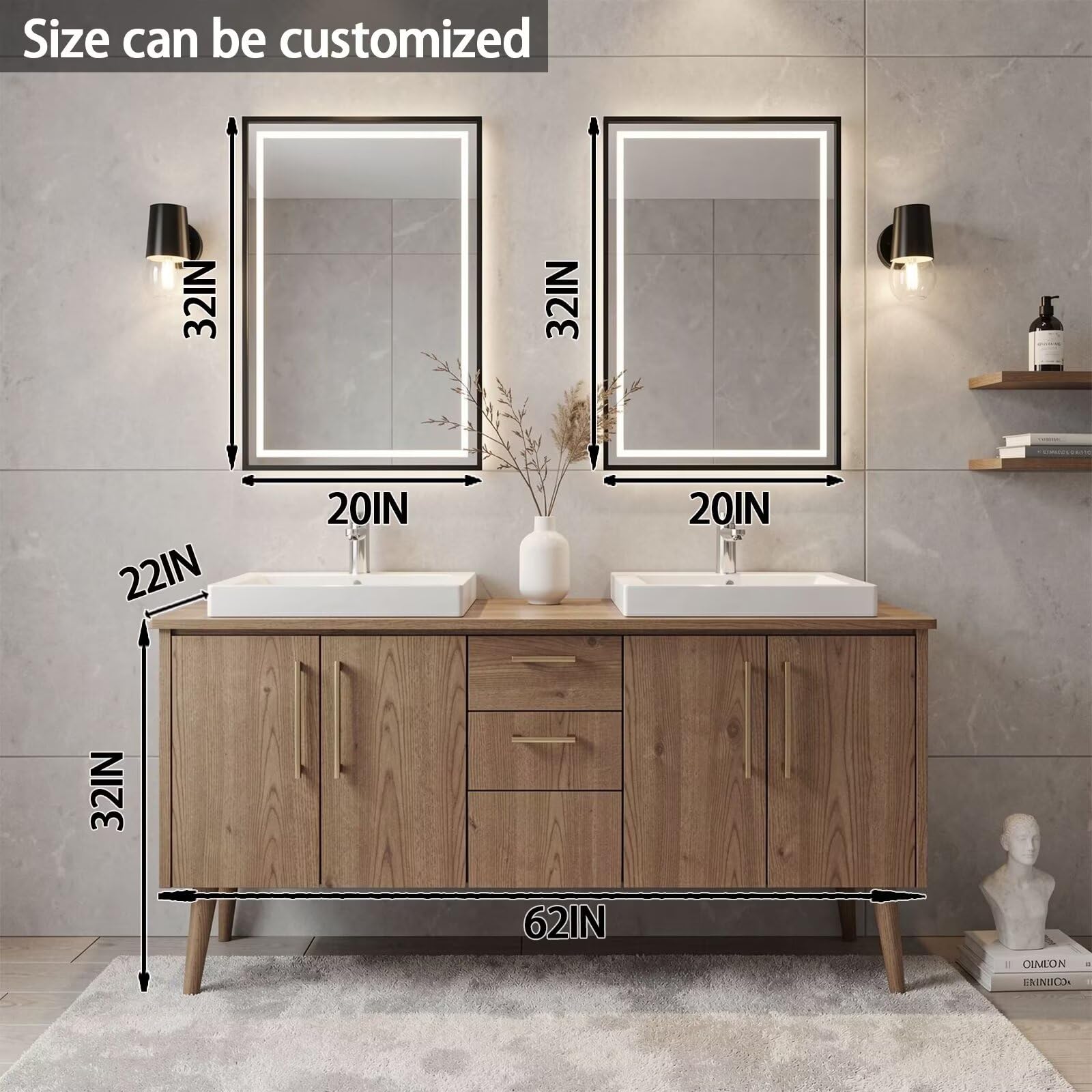 60”-96” Double Sink Freestanding Vanity with LED Mirrors, Natural Wood Cabinet & Gold Hardware