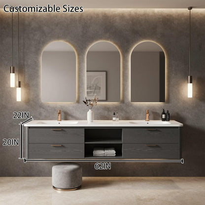60"-96"Gray Floating Bathroom Vanity with Double Sinks & LED Arched Mirrors