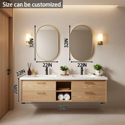 60”-84”Double Sink Floating Bathroom Vanity with Gold Oval Mirrors