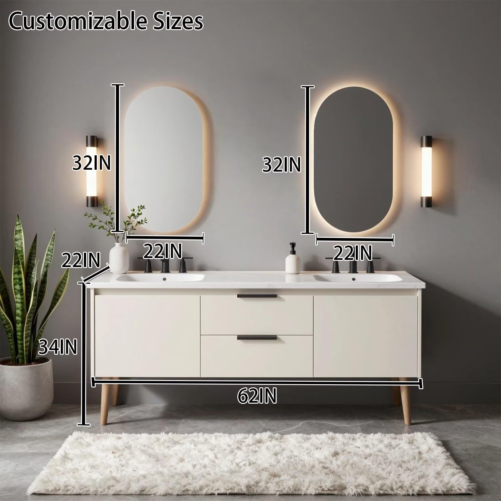 60"-96"White Mid-Century Bathroom Vanity with Double Sinks & LED Oval Mirrors