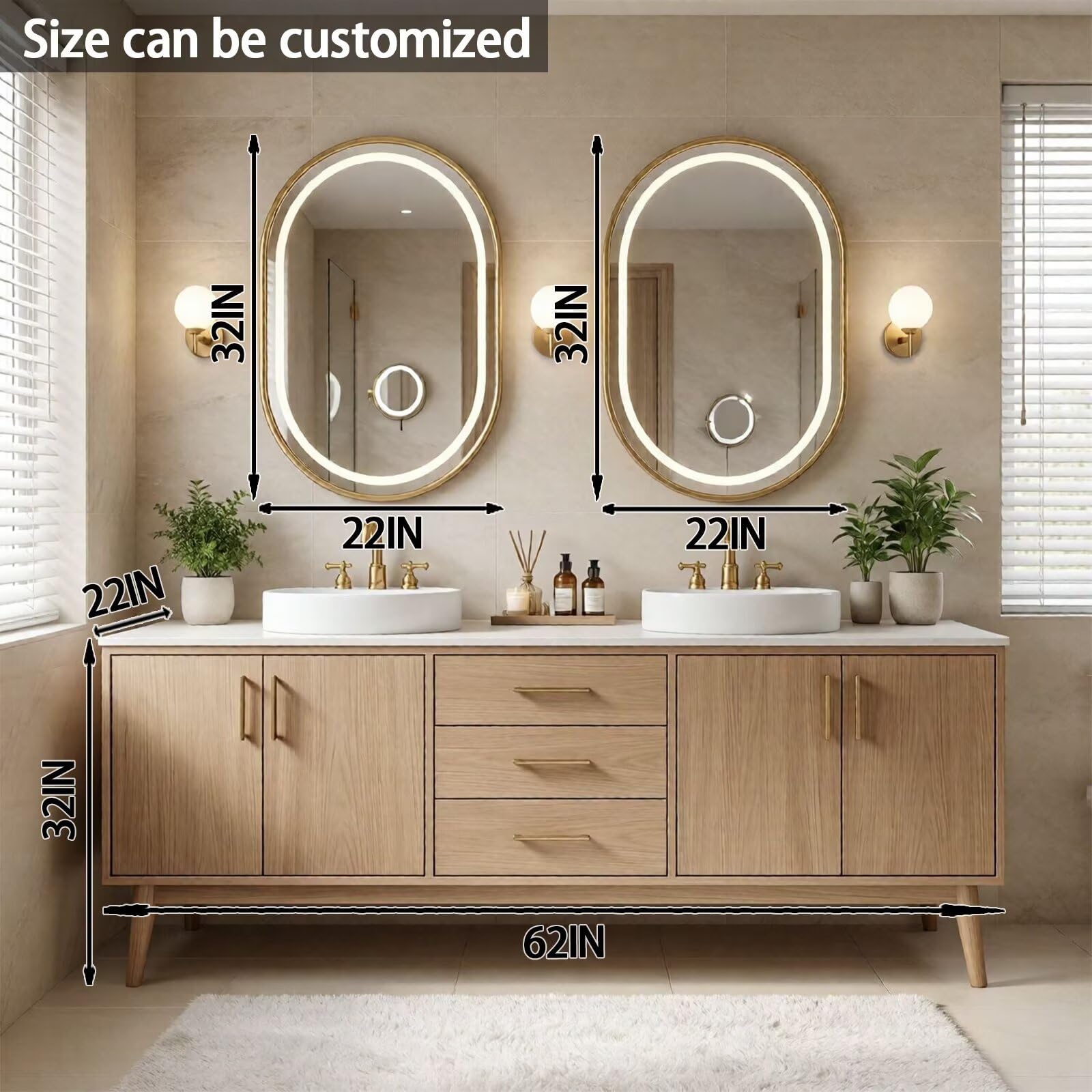 60"-96"Freestanding Oak Bathroom Vanity with Double Vessel Sinks & LED Oval Mirrors