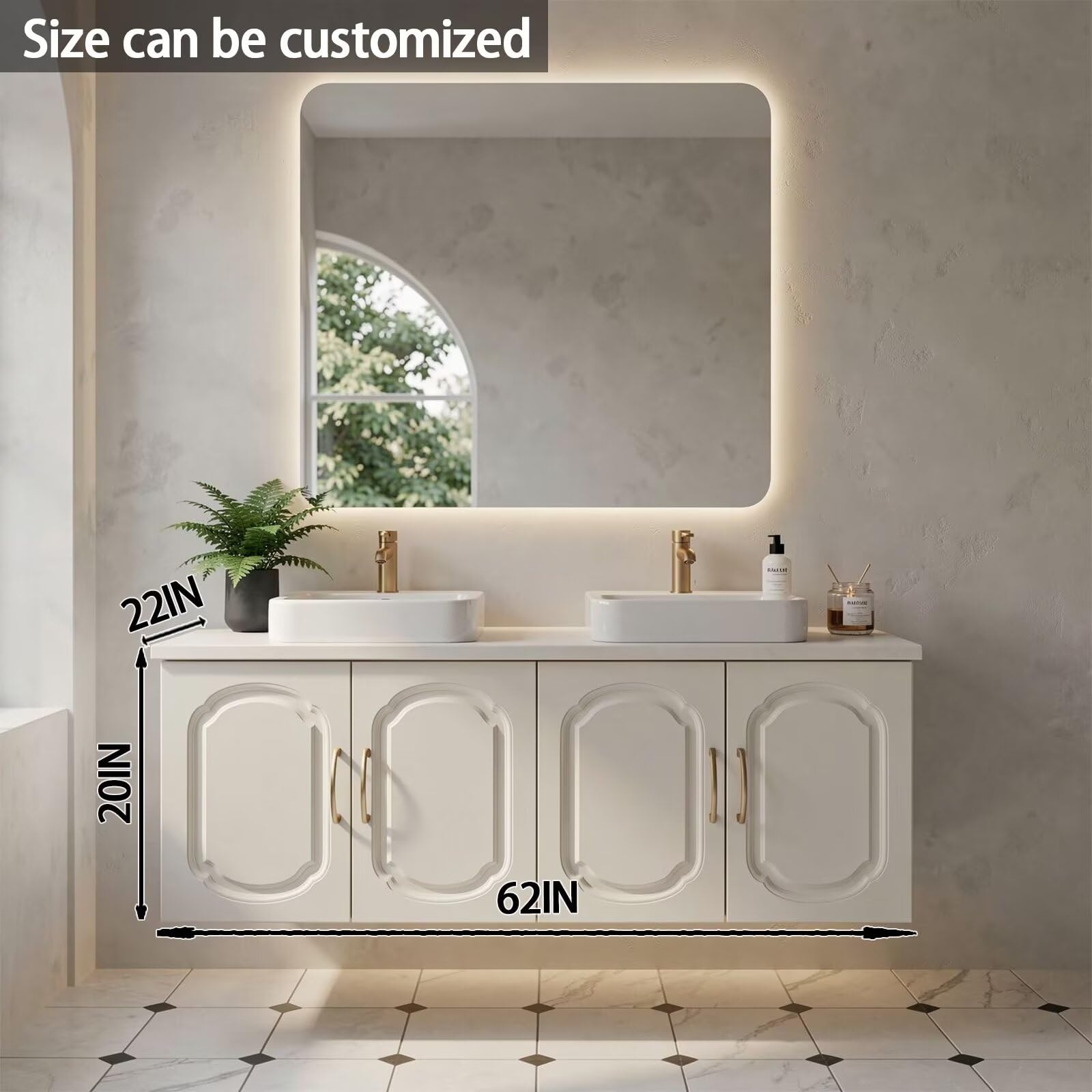 60”-84”Double Sink Vanity with LED Mirror, Cream Floating Cabinet & Gold Hardware