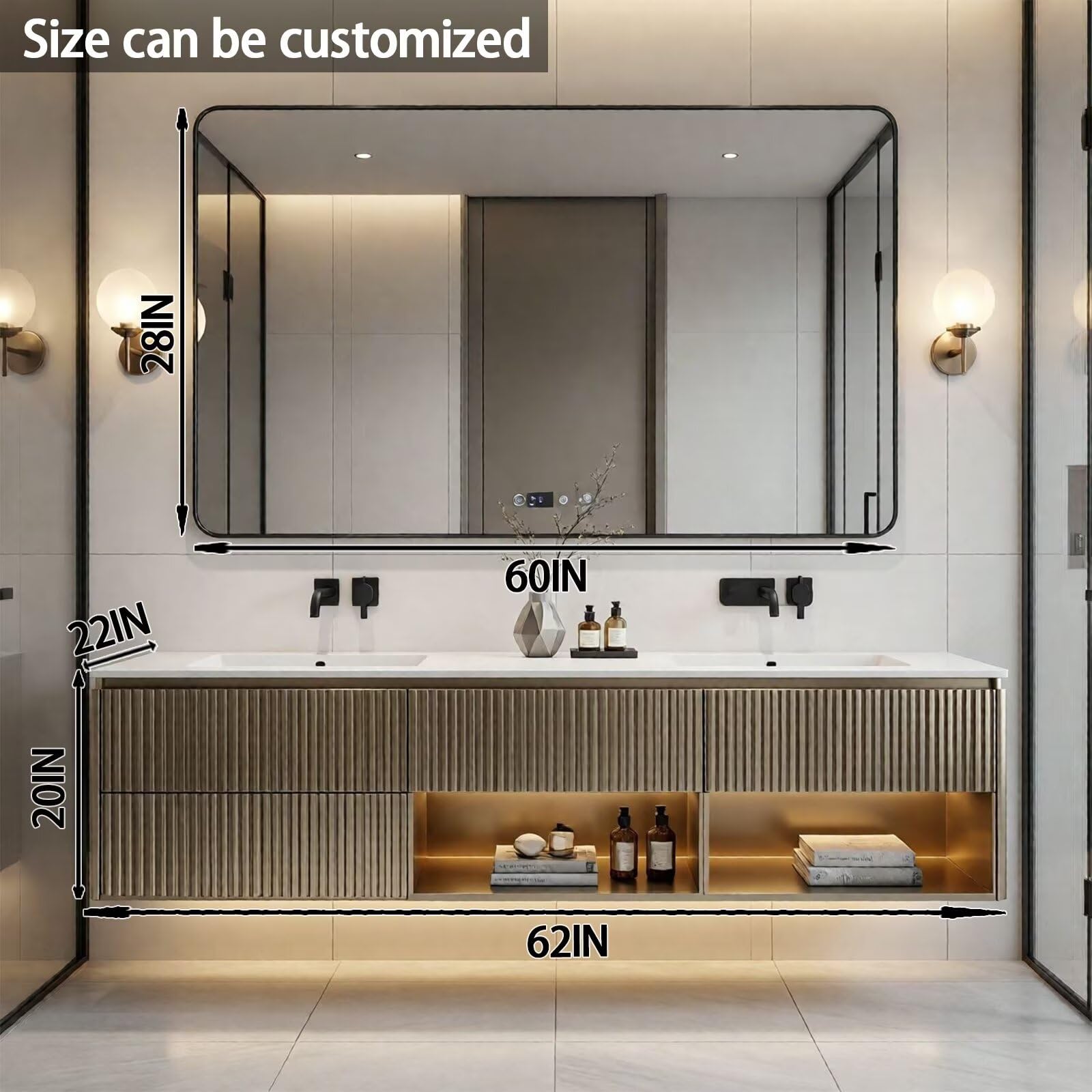 60"-84"Floating Fluted Bathroom Vanity with Double Sinks & LED Mirror