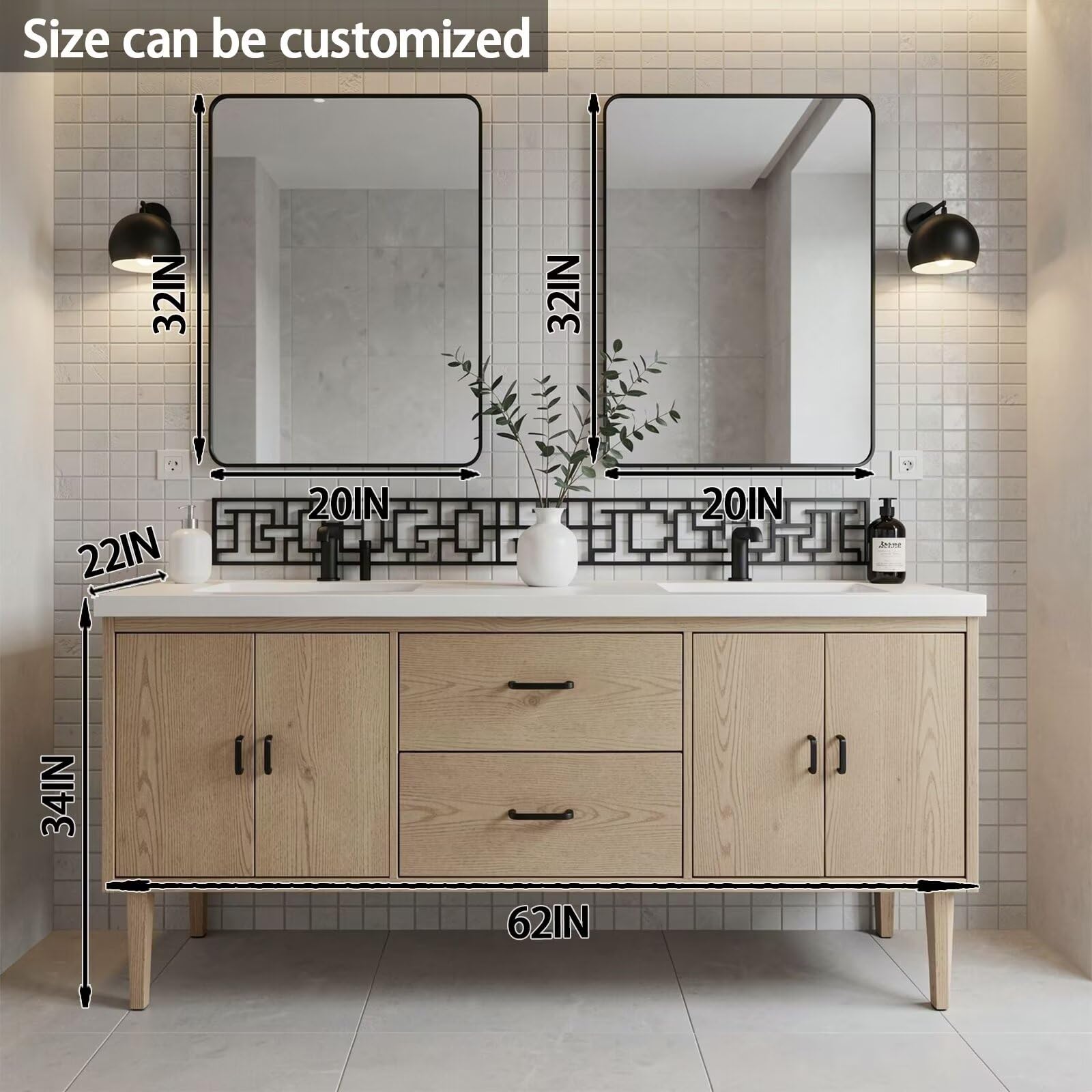 60“-96”Light Oak Freestanding Bathroom Vanity Set with Black Hardware