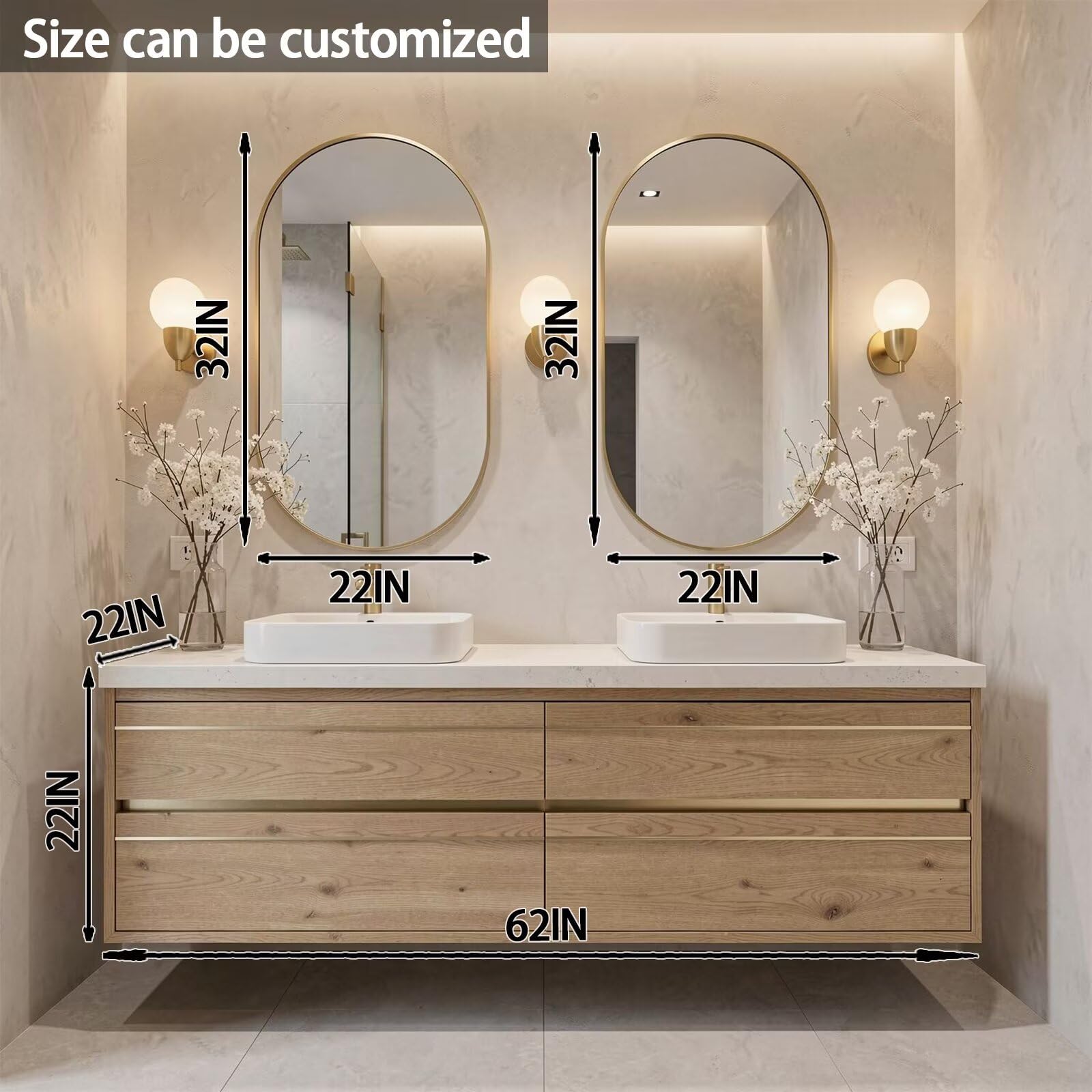 60"-84"Light Oak Floating Bathroom Vanity Set with Gold Mirrors & Handles