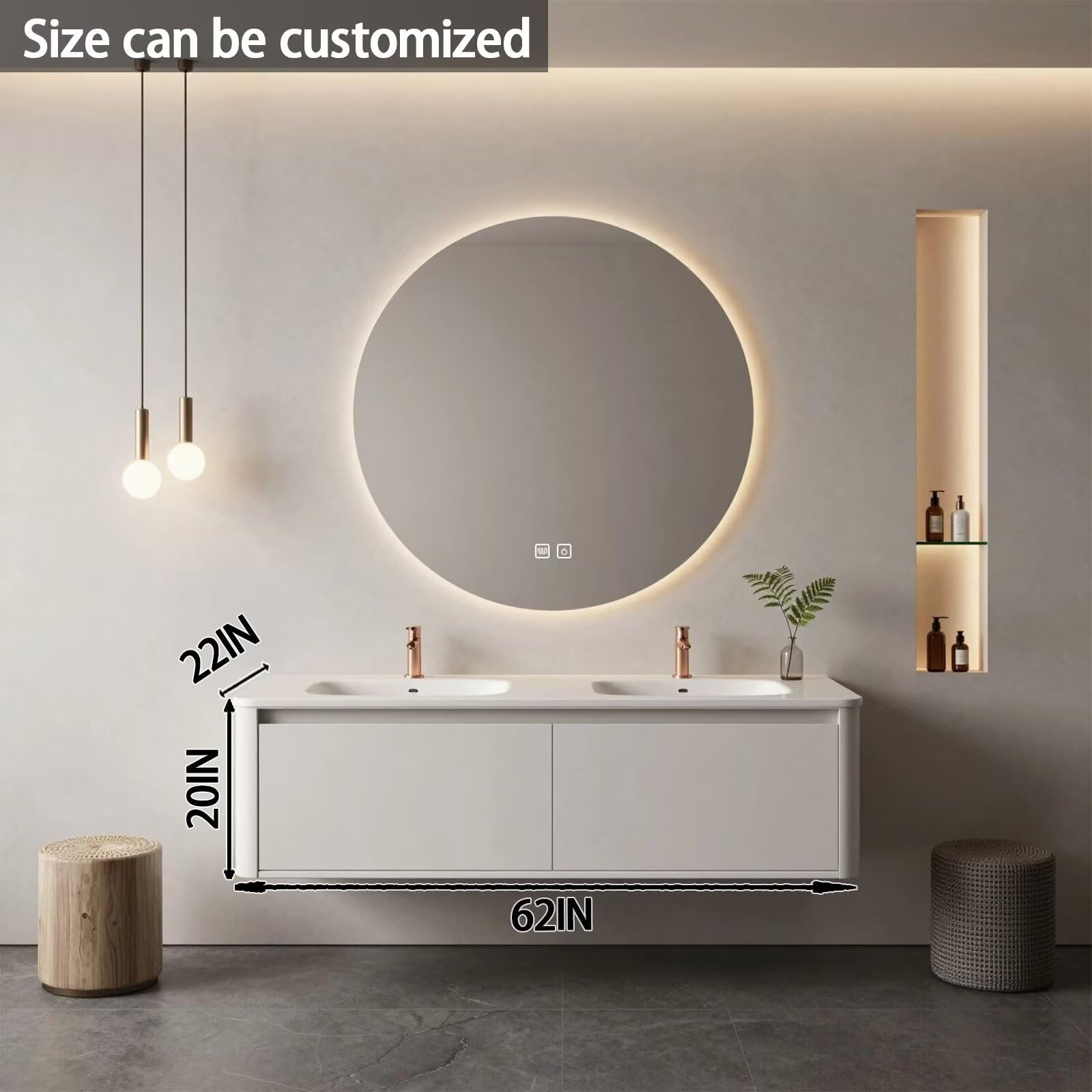 60"-84"Modern Floating Bathroom Vanity Set with LED Round Mirror & Rose Gold Handles