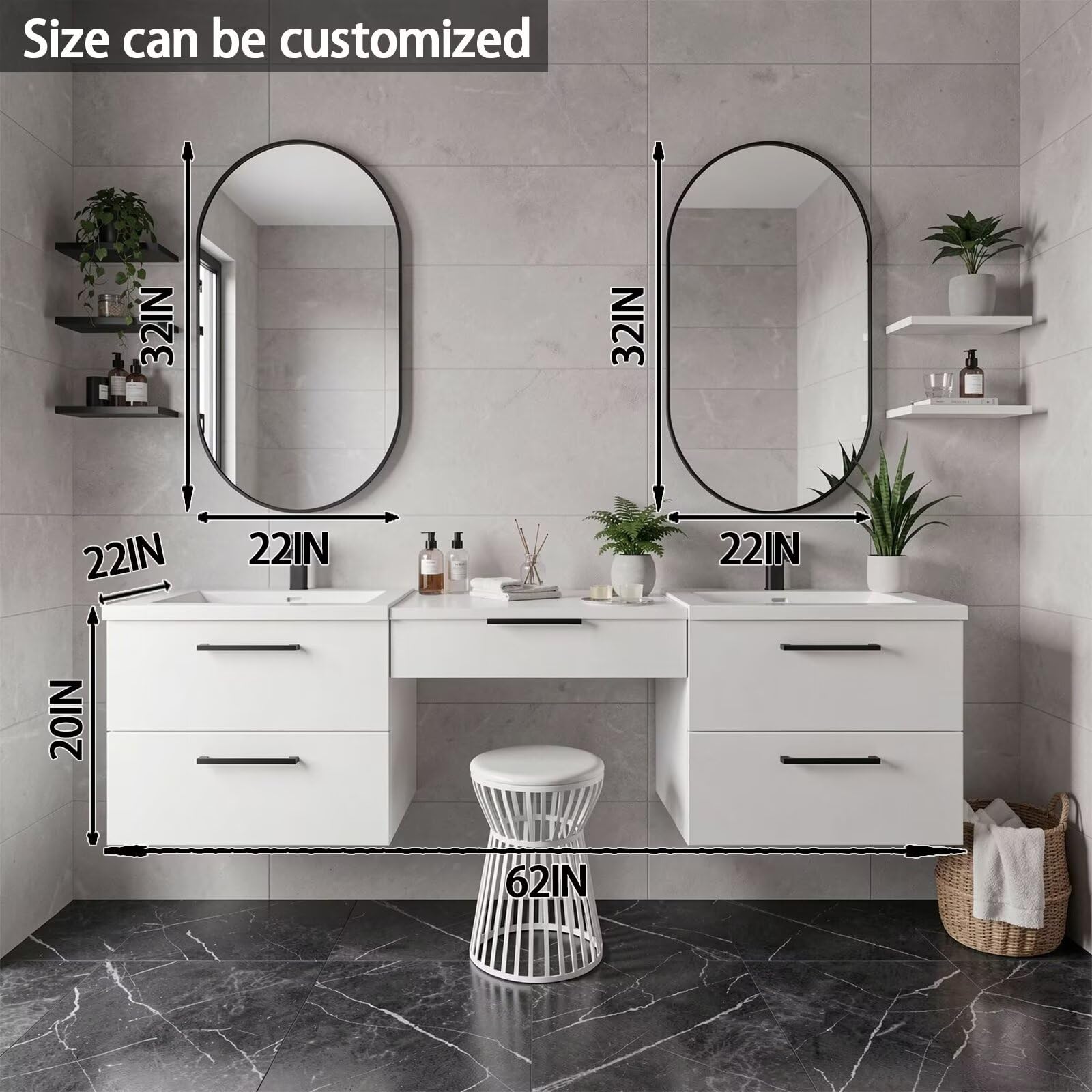 60"-84"Wall Mounted White Bathroom Vanity with Double Sinks & Integrated Makeup Station