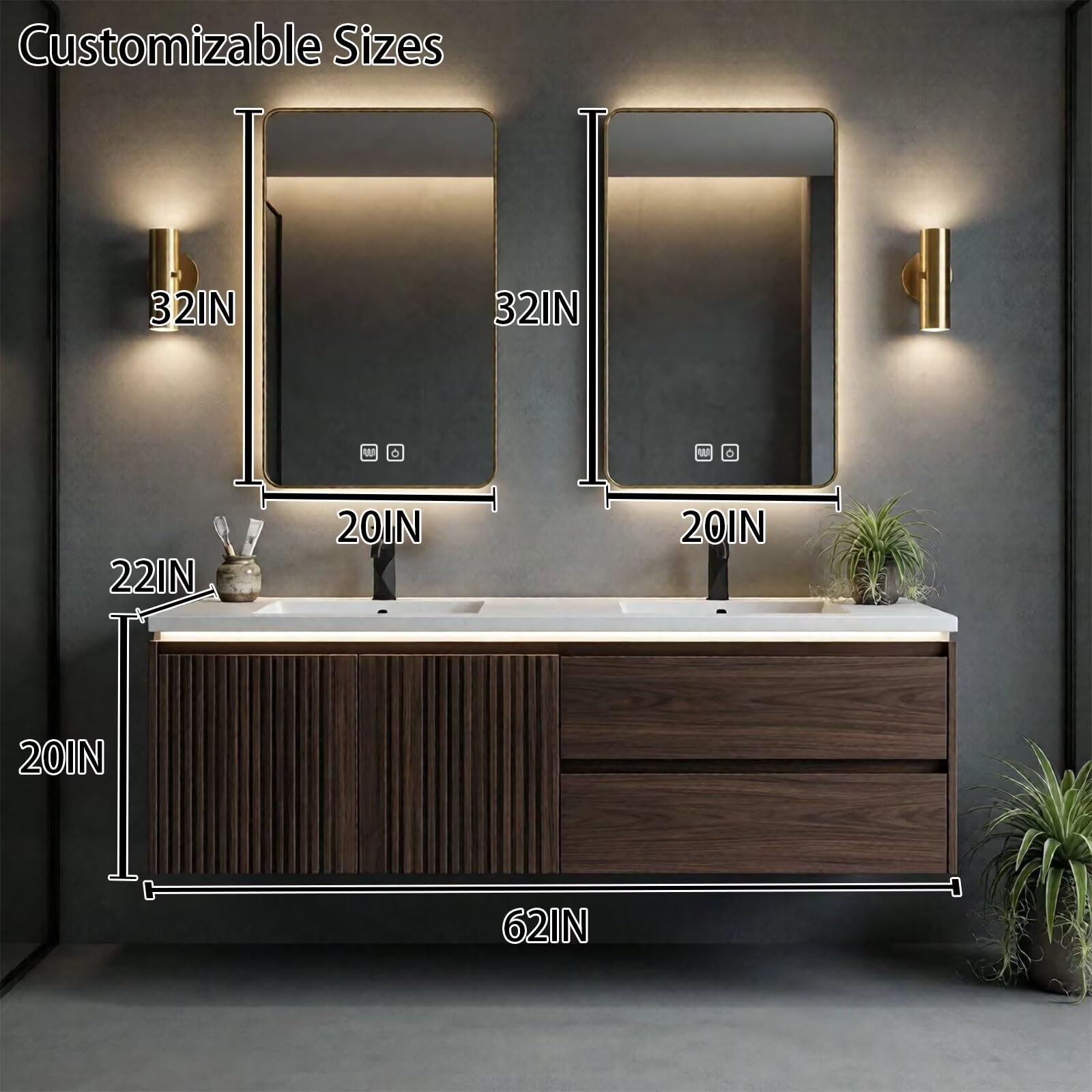 60"-96"Dark Walnut Floating Bathroom Vanity with Fluted Doors & LED Mirrors