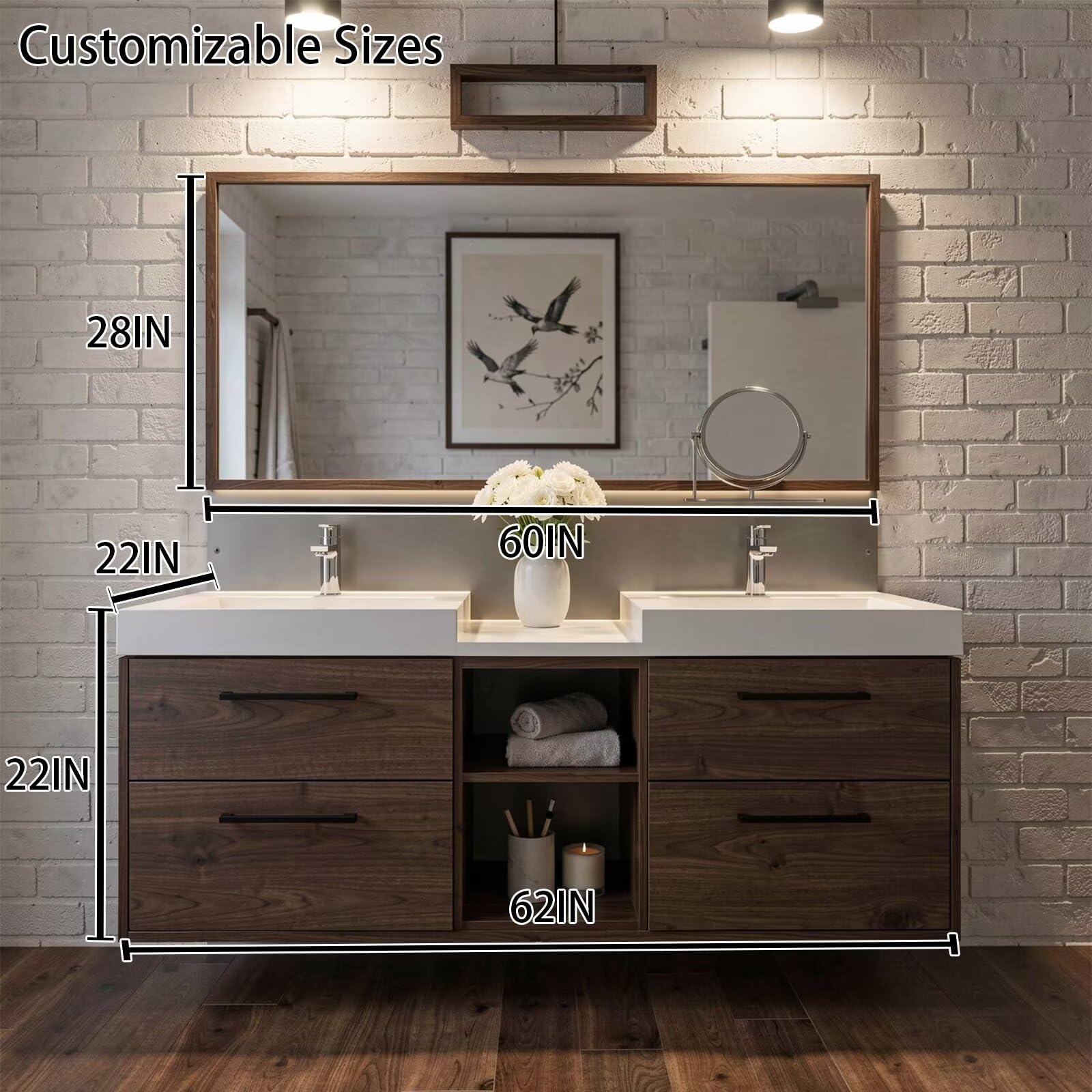 60"-96"Modern Wall-Mounted Bathroom Vanity with Open Shelf & Soft-Close Drawers