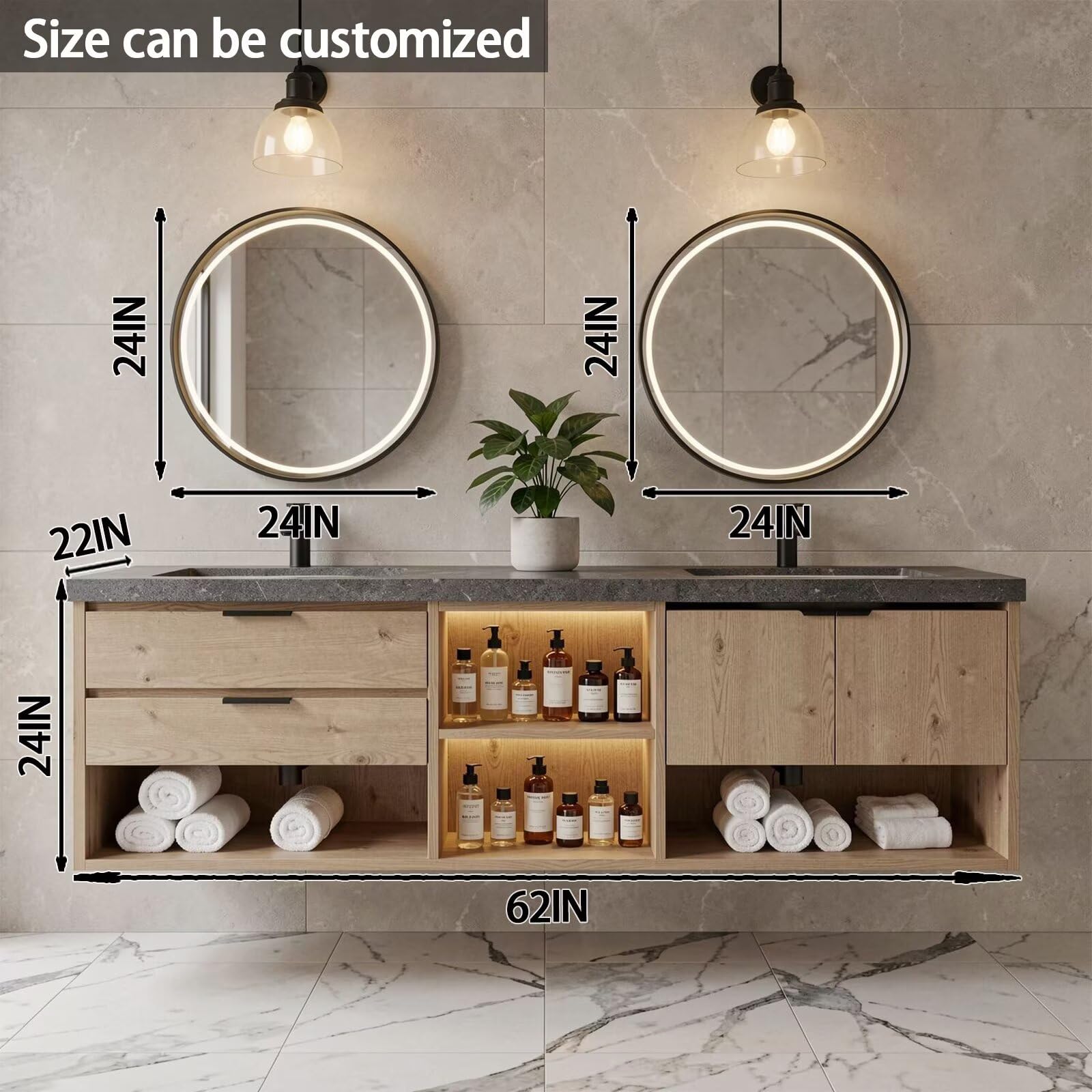 60”-84”Double Sink Floating Bathroom Vanity with LED Round Mirrors, Light Wood Cabinet & Stone Top