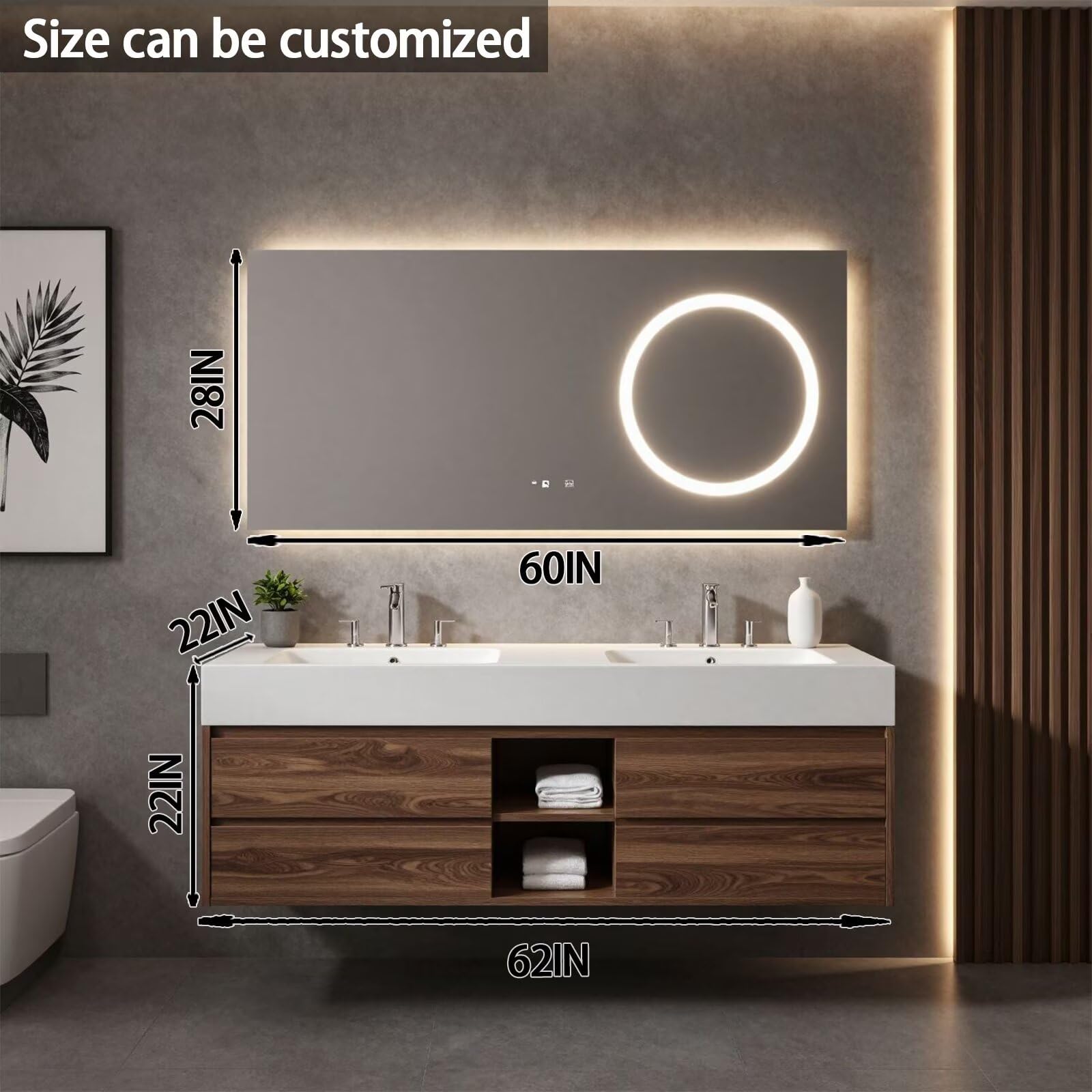 60"-84"Dark Walnut Floating Bathroom Vanity Set with LED Mirror & Open Shelves