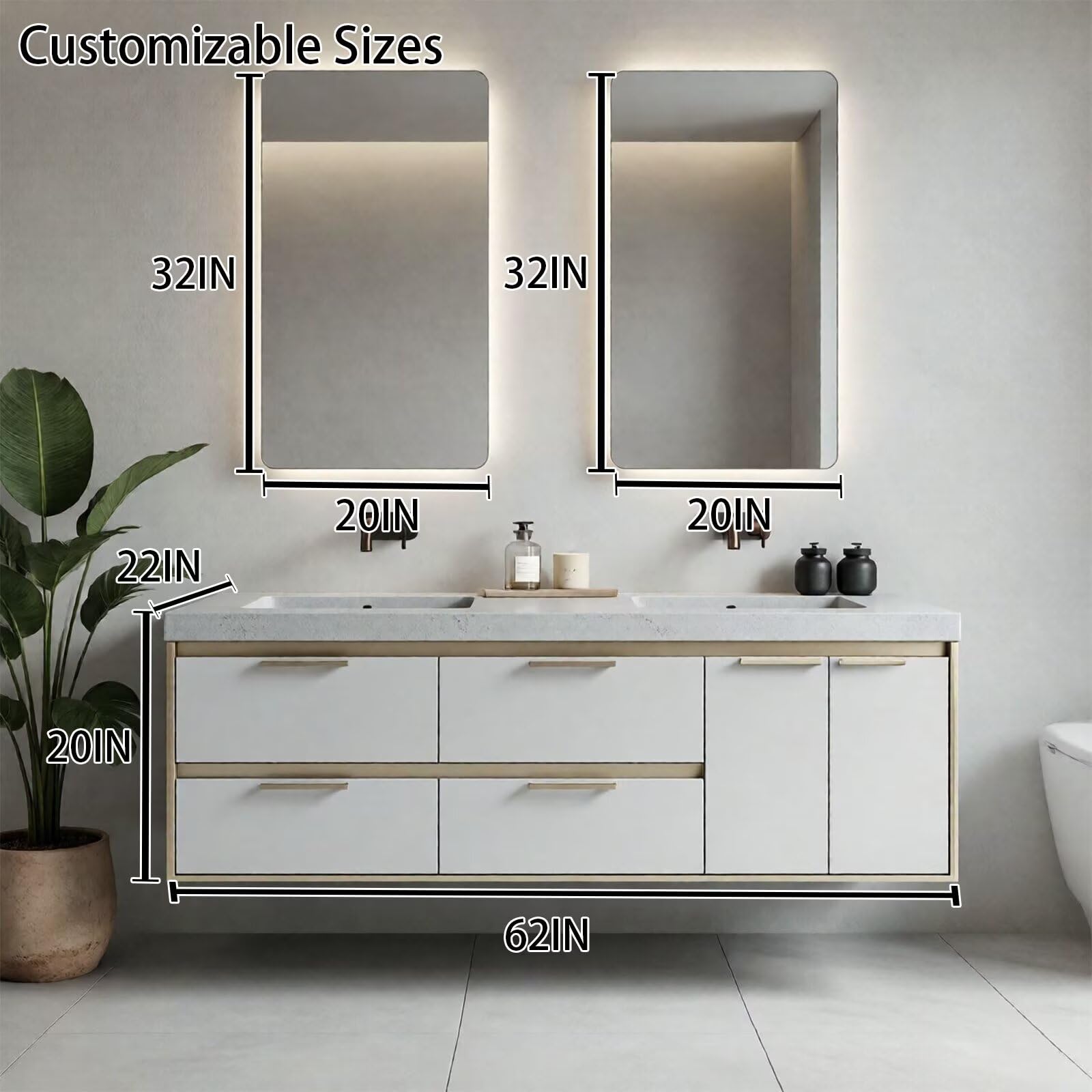 60"-96"Modern Wall-Mounted Bathroom Vanity with Stone Top & Light Wood Trim