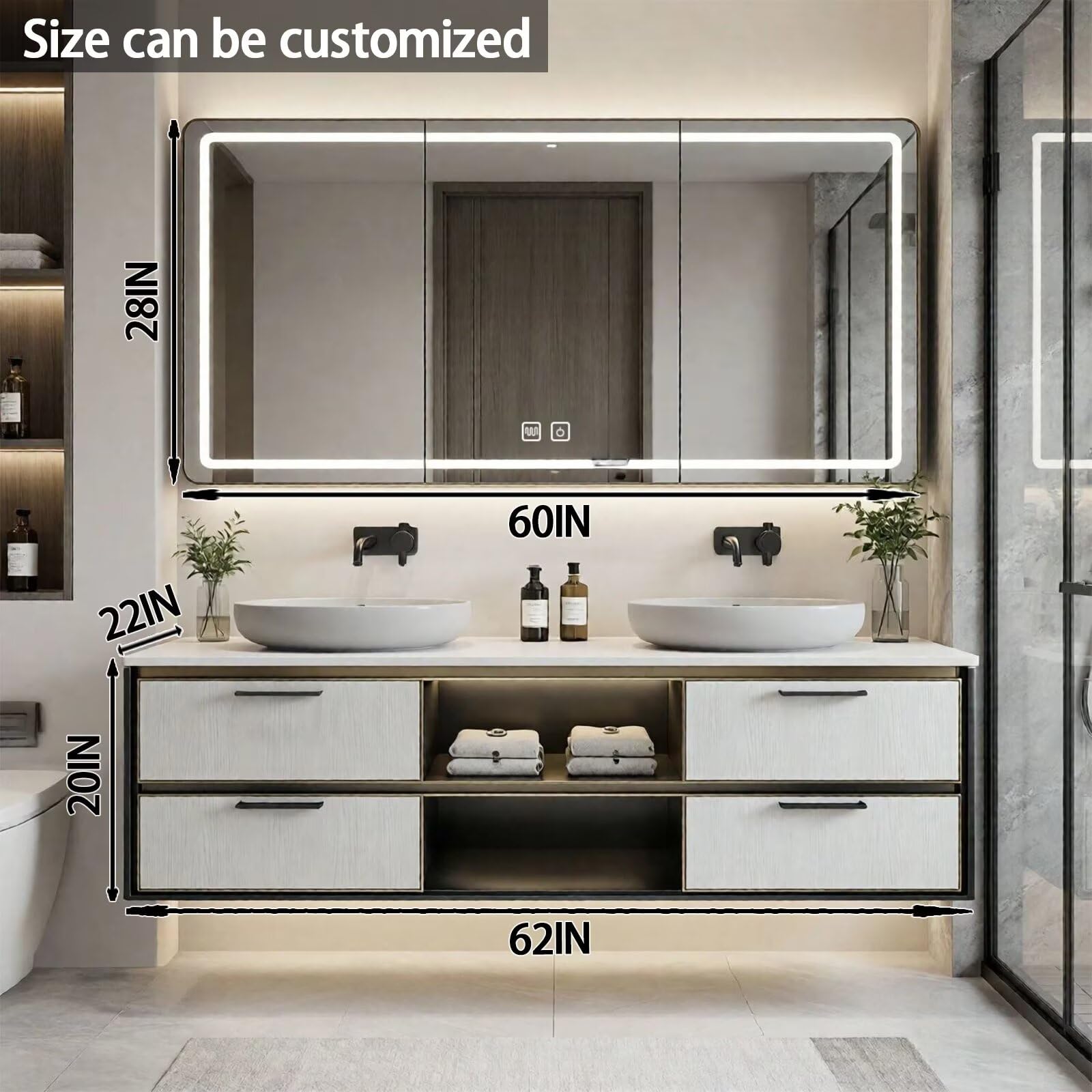 60"-84"Modern Floating Bathroom Vanity Set with LED Mirror & Open Shelves