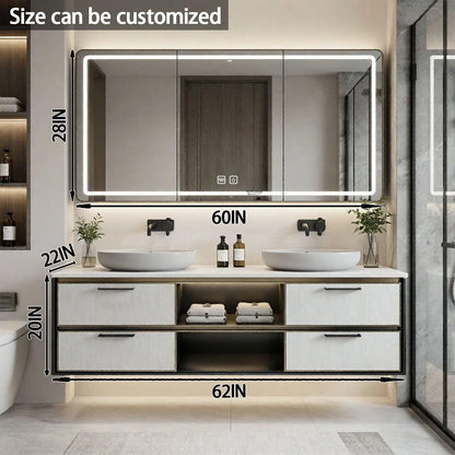 60"-84"Modern Floating Bathroom Vanity Set with LED Mirror & Open Shelves