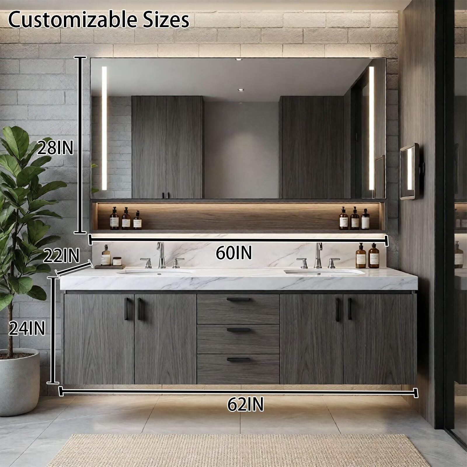 60"-96"Modern Wall-Mounted Bathroom Vanity with Double Sinks & Open Mirror Shelf