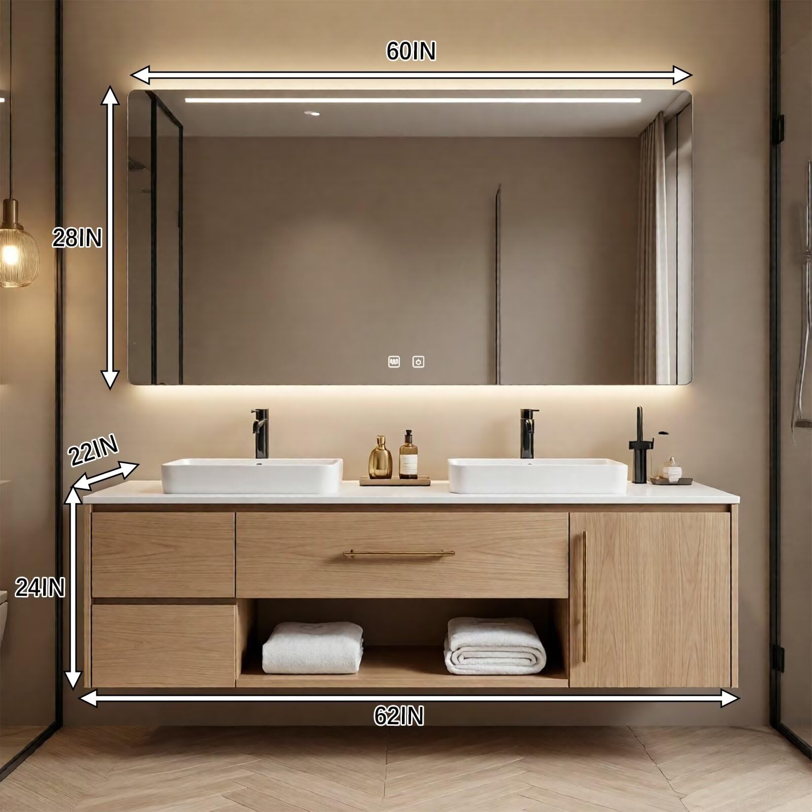 60”-96” Light Wood Floating Bathroom Vanity with Double Sinks & LED Backlit Mirror