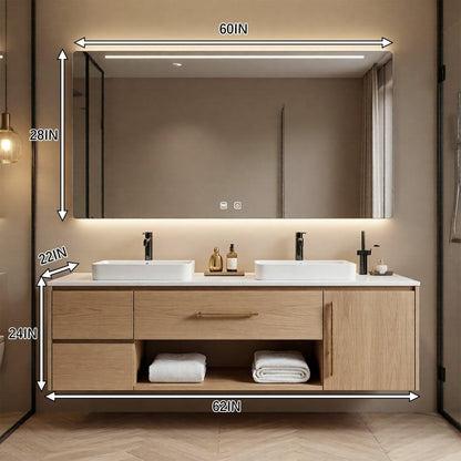 60”-96” Light Wood Floating Bathroom Vanity with Double Sinks & LED Backlit Mirror