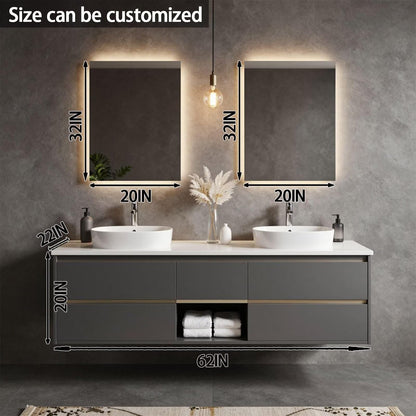 60"-84"Modern Dark Gray Floating Bathroom Vanity with Double Sinks & LED Backlit Mirrors