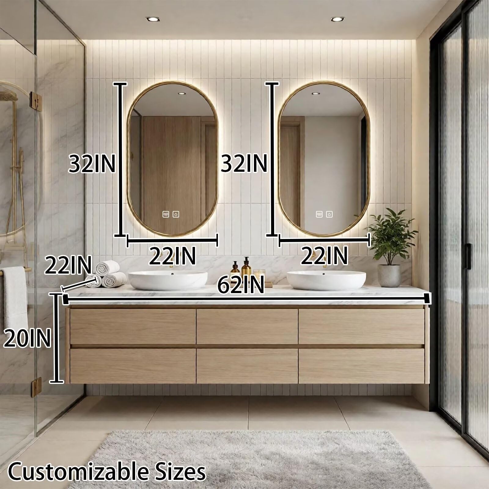 60"-96"Modern Wall-Mounted Vanity with Marble Top & Gold Hardware & Soft-Close Drawers