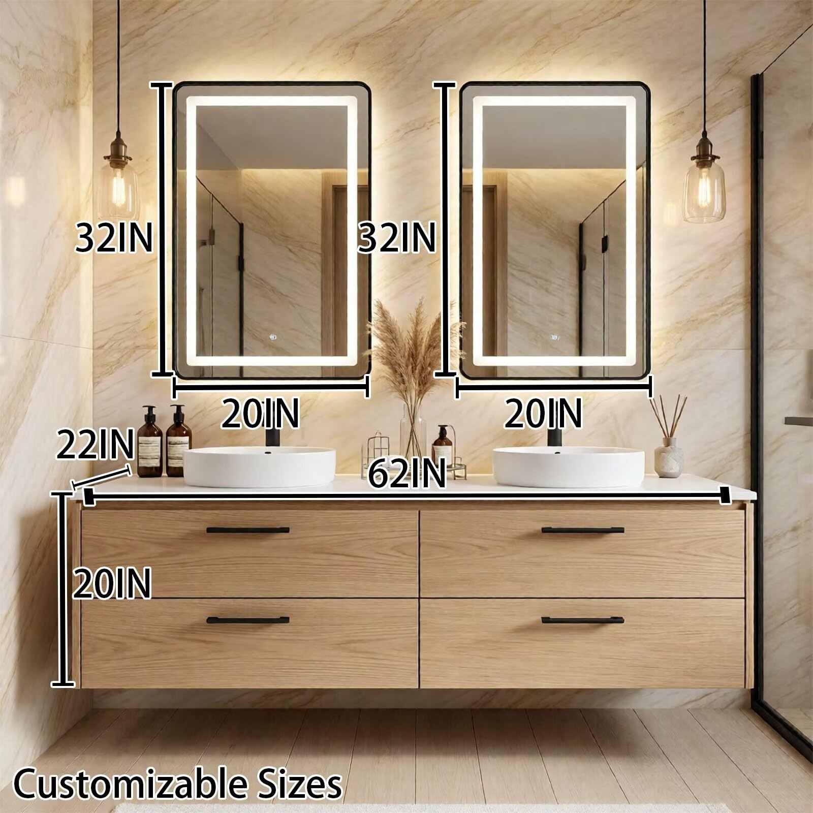 60"-96"Light Oak Floating Bathroom Vanity with Double Vessel Sinks & LED Mirrors
