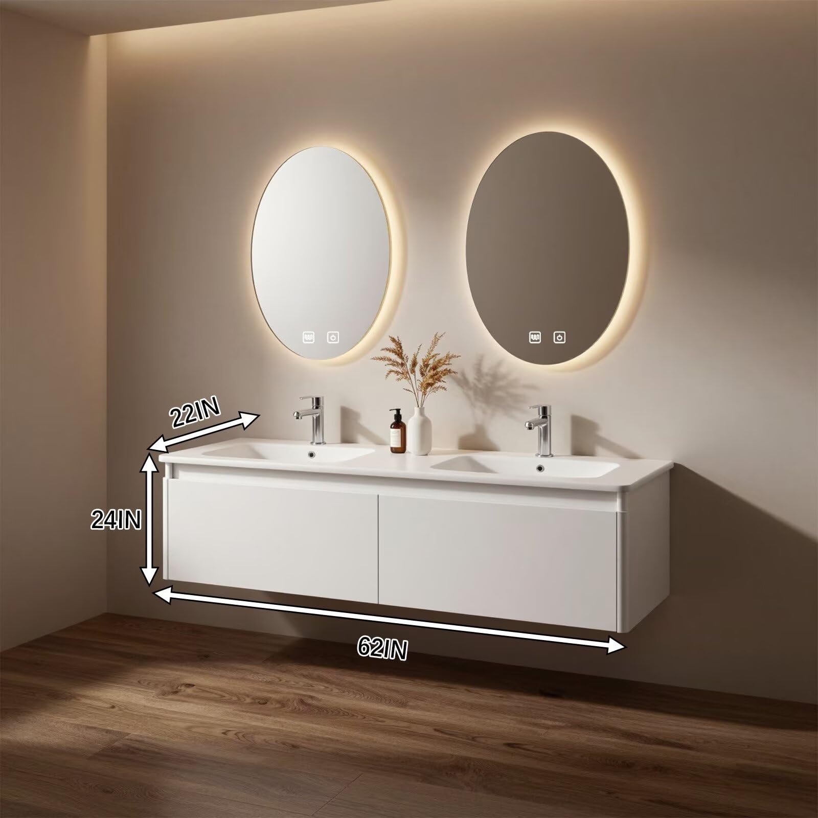 60”-96”Modern Wall Mounted Bathroom Vanity with Matte White Finish & Dual LED Mirrors