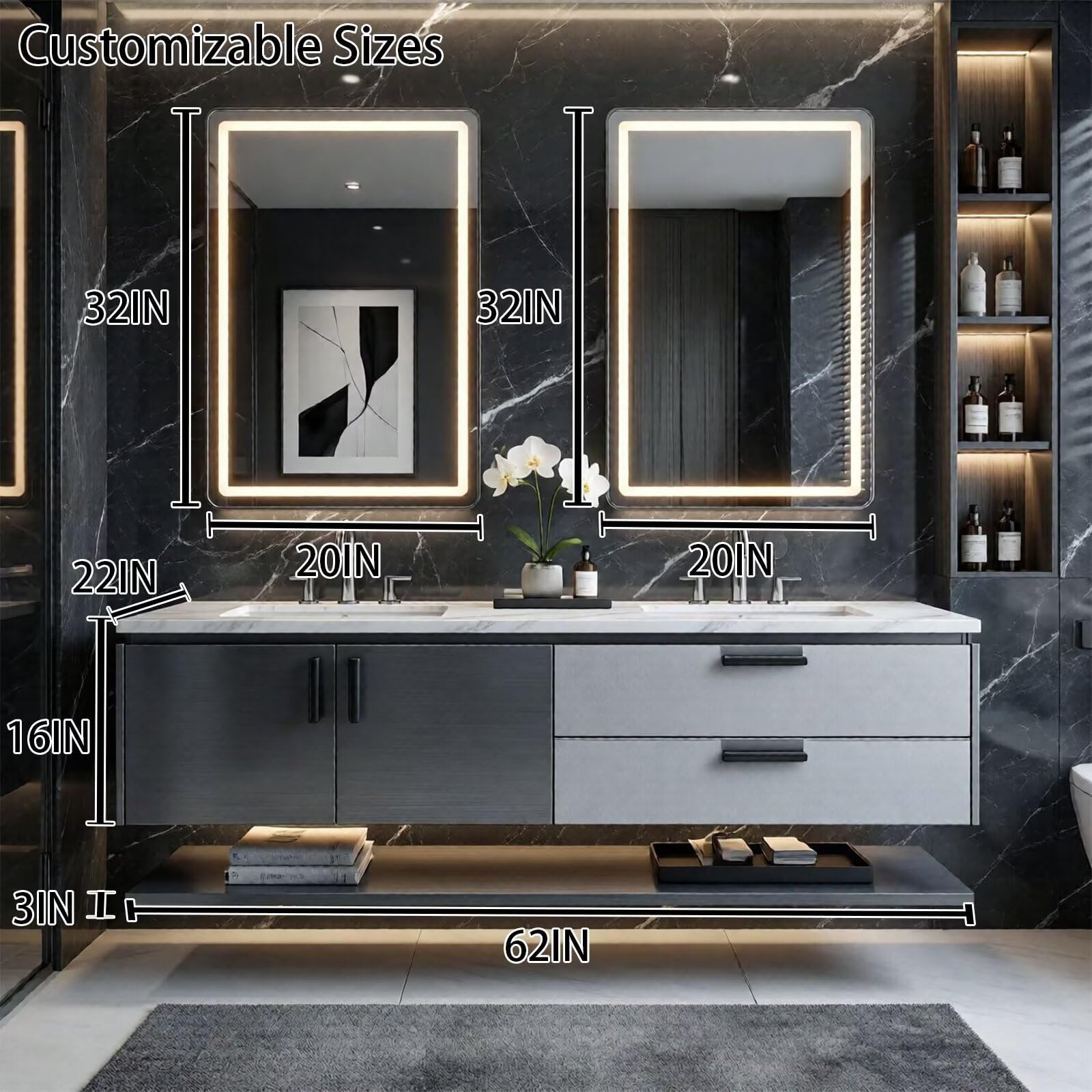60"-96"Modern Wall-Mounted Bathroom Vanity with Double Sinks & Open Bottom Shelf