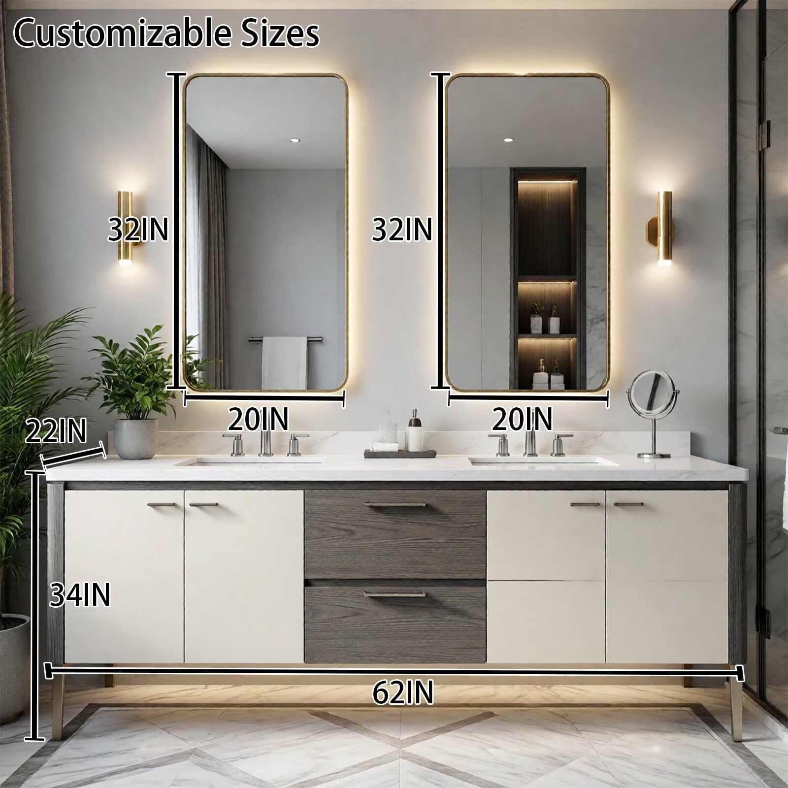 60"-96"Modern Two-Tone Bathroom Vanity with Double Sinks & Marble Top, Gold Accents