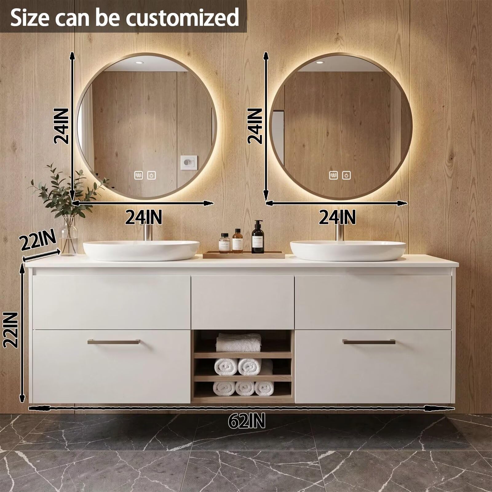 60”-84”Double Sink Floating Bathroom Vanity with LED Round Mirrors, White Cabinet & Stone Top