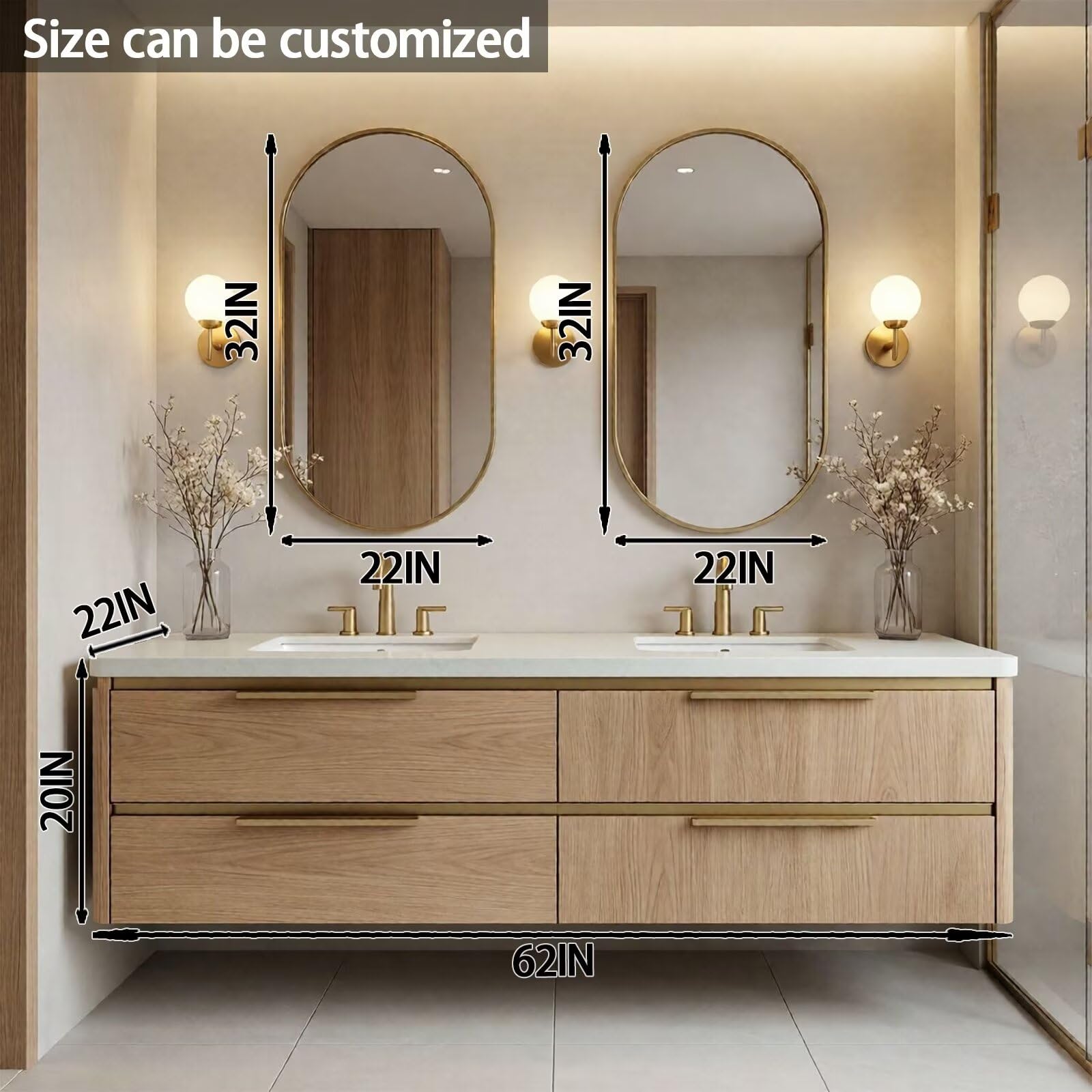 60"-84"Modern Oak Floating Bathroom Vanity with Double Sinks & Gold Oval Mirrors