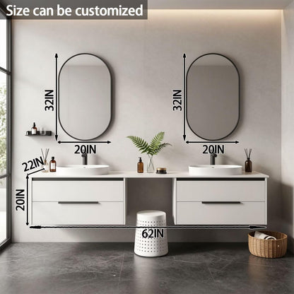 60"-84"Modern Wall-Mounted Vanity with Marble Top & Black Hardware & Framed Mirrors