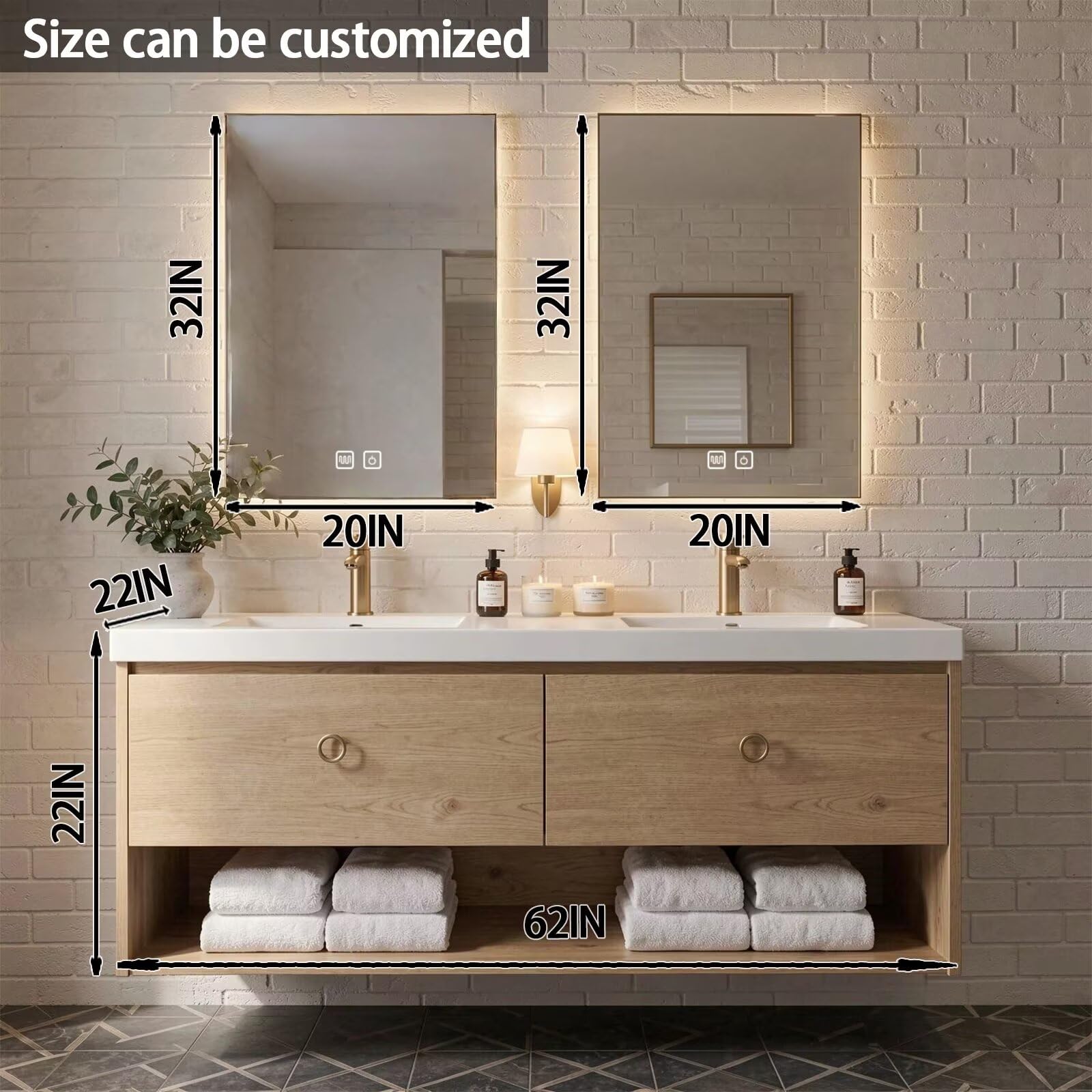 60"-84"Floating Oak Bathroom Vanity with Double Sinks & LED Mirrors