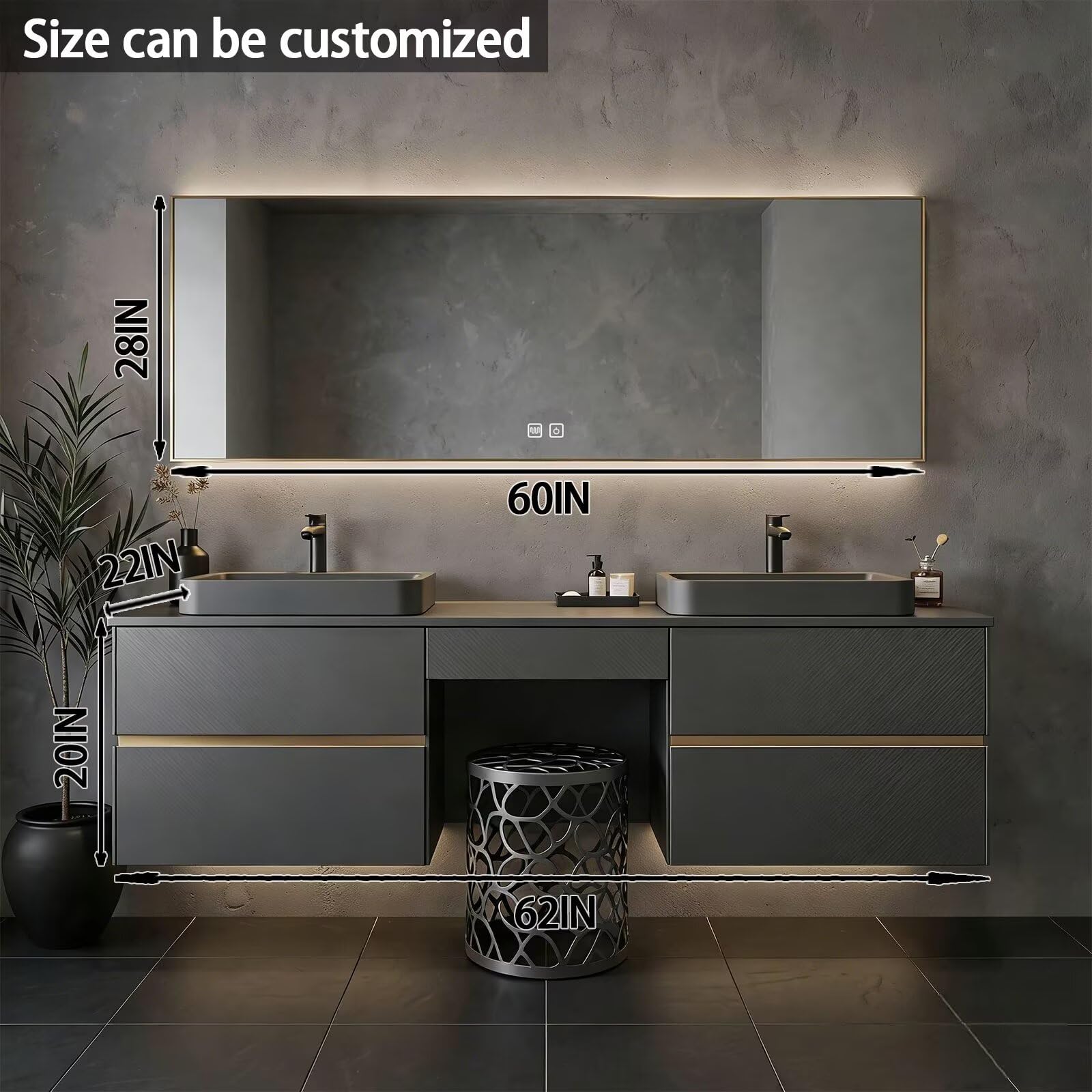 60"-84"Floating Dark Gray Bathroom Vanity with Double Vessel Sinks & LED Mirror