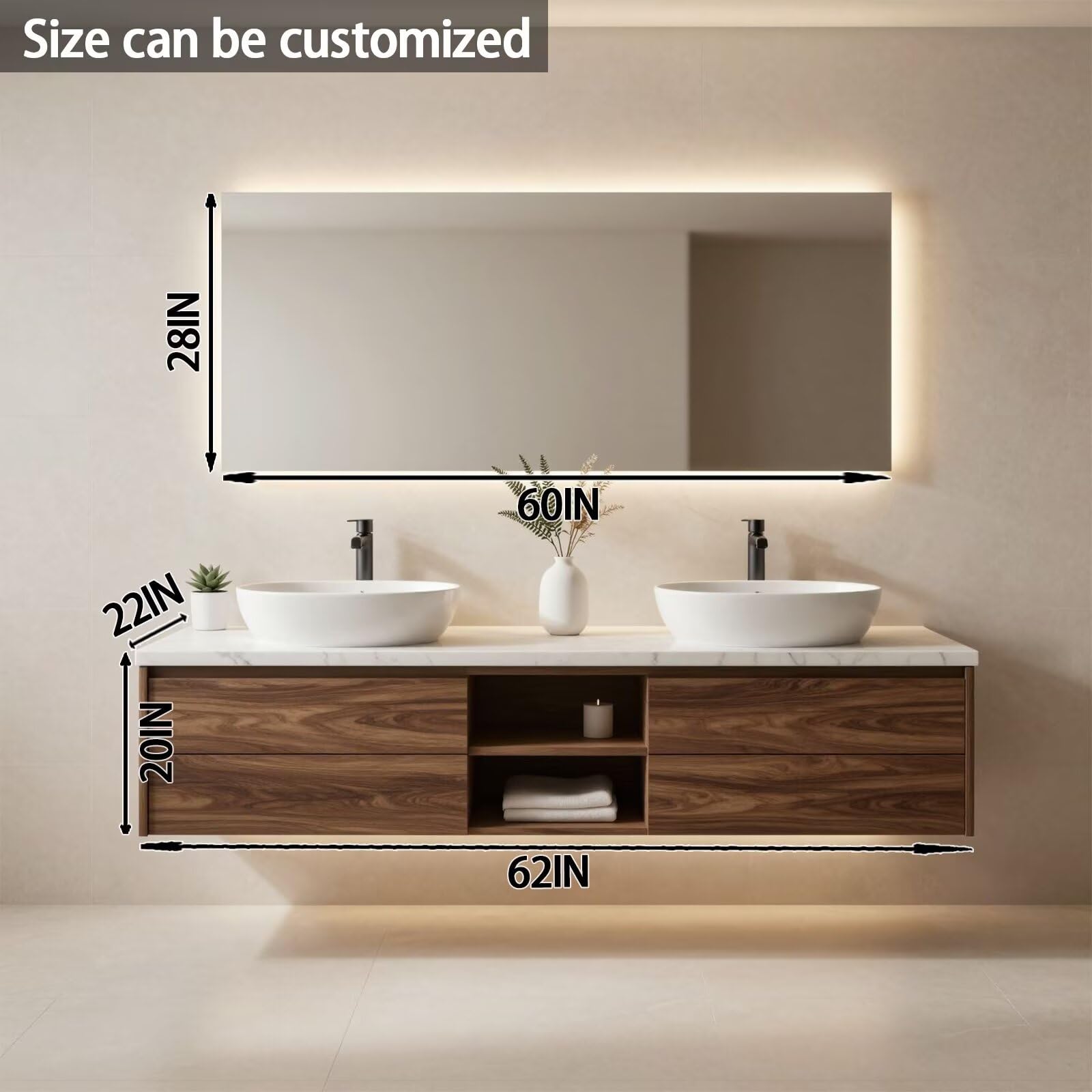 60"-84"Modern Walnut Floating Bathroom Vanity with Double Vessel Sinks & Marble Top