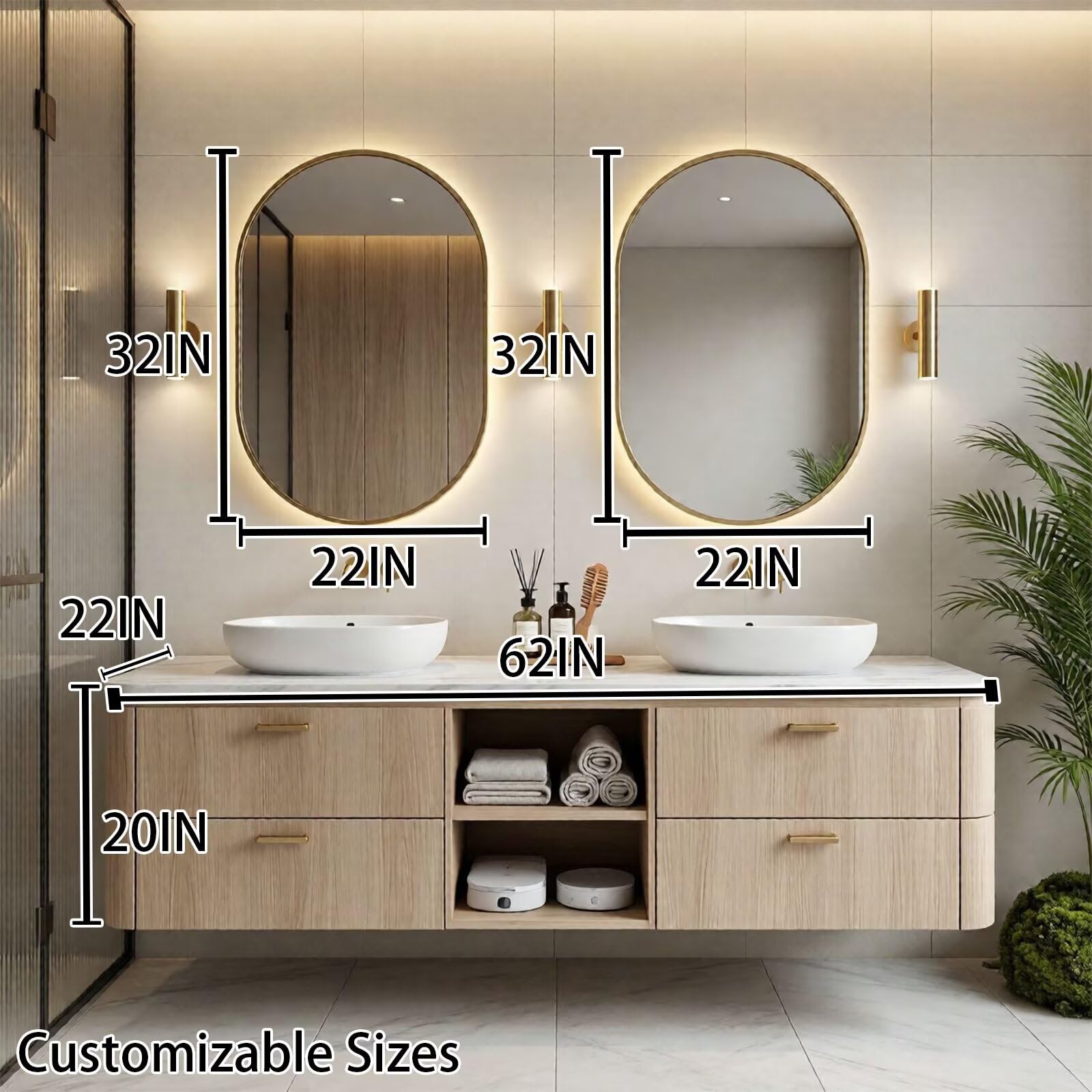 60"-96"Modern Wall-Mounted Vanity with Marble Top & Gold Hardware & Open Shelf