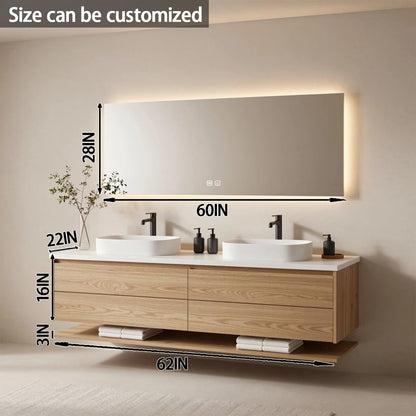 60"-84"Modern Floating Oak Bathroom Vanity with Double Vessel Sinks & LED Smart Mirror