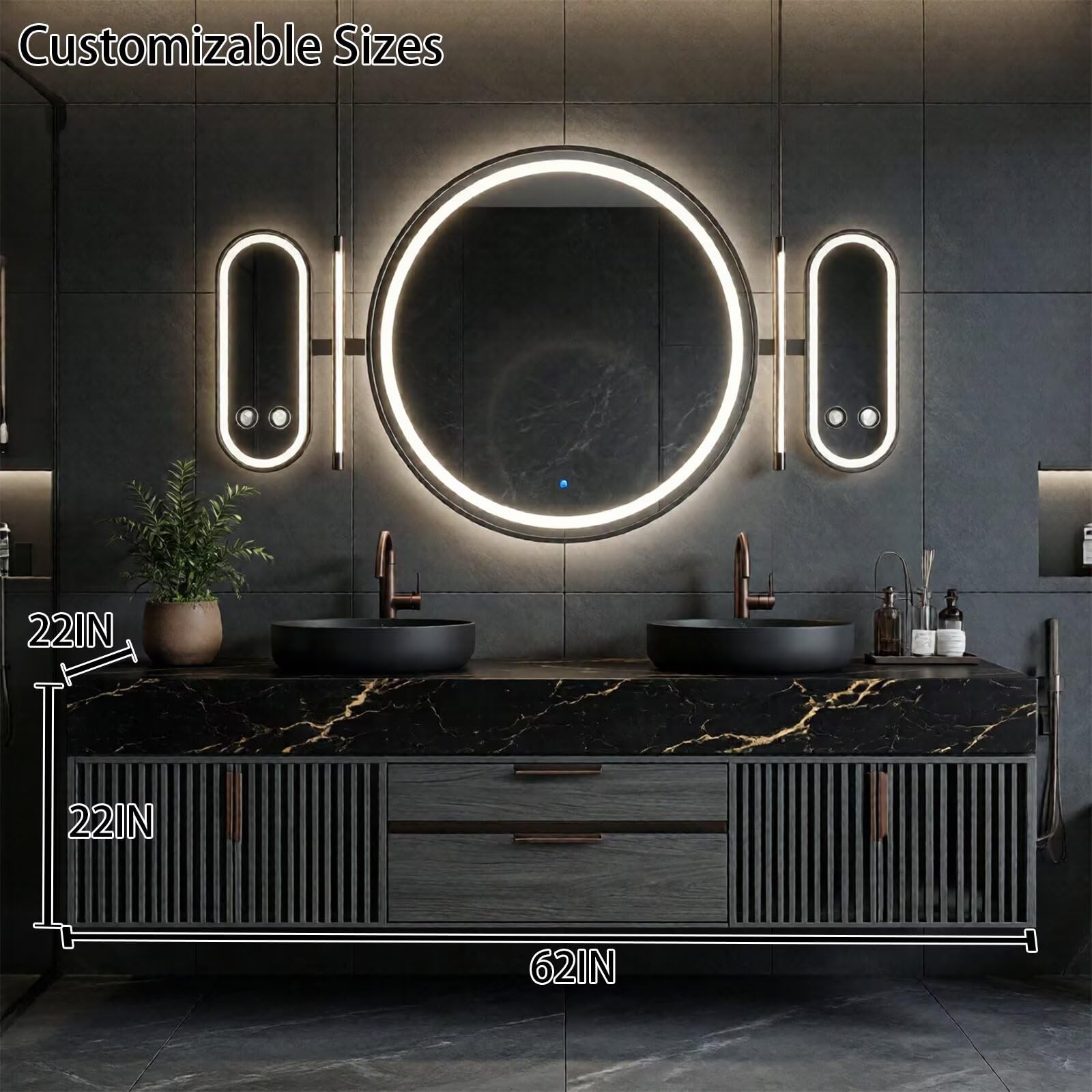60"-96"Luxury Bathroom Vanity Set with Black Marble Countertop & Storage Drawers
