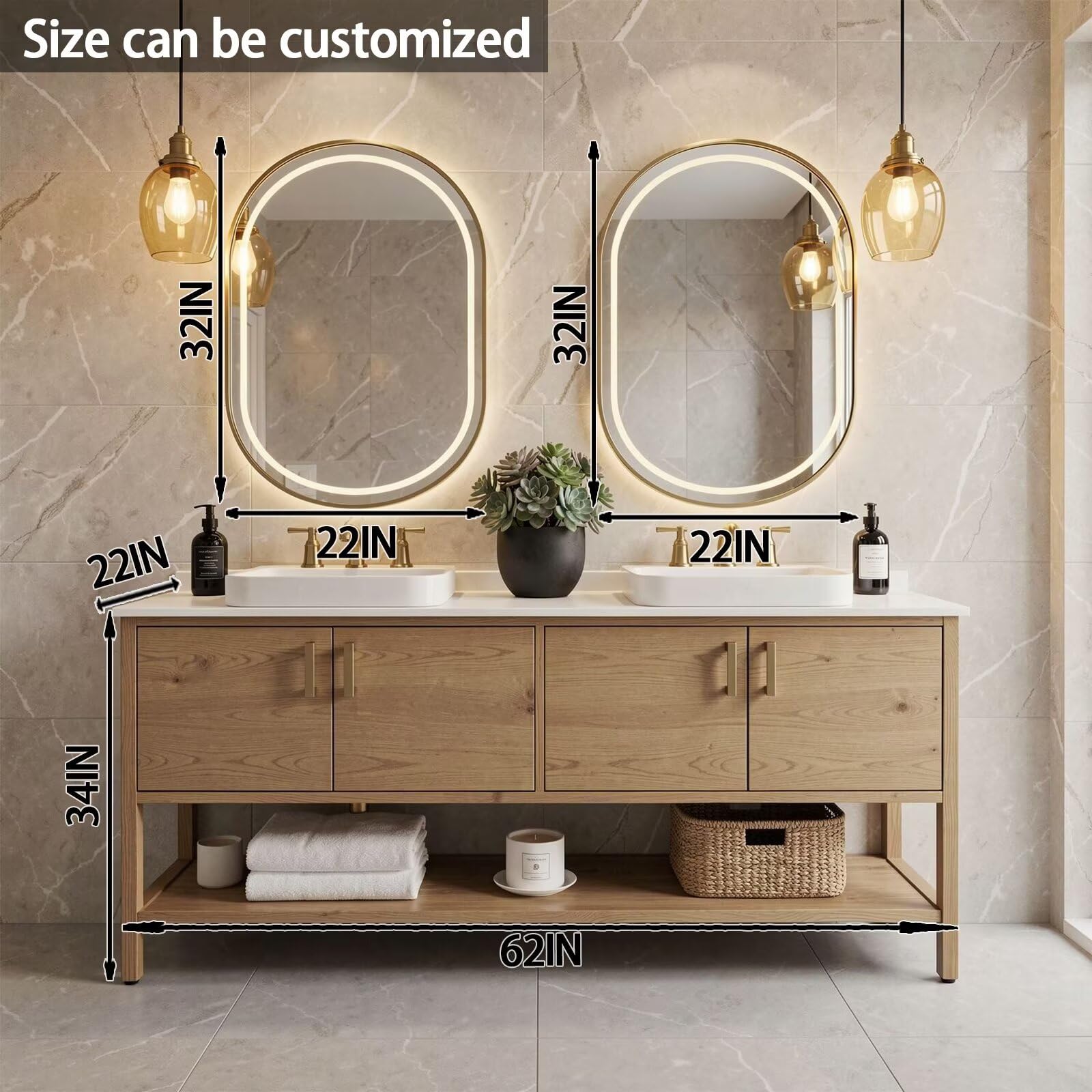 60"-96"Floating Oak Bathroom Vanity with Double Vessel Sinks & LED Oval Mirrors