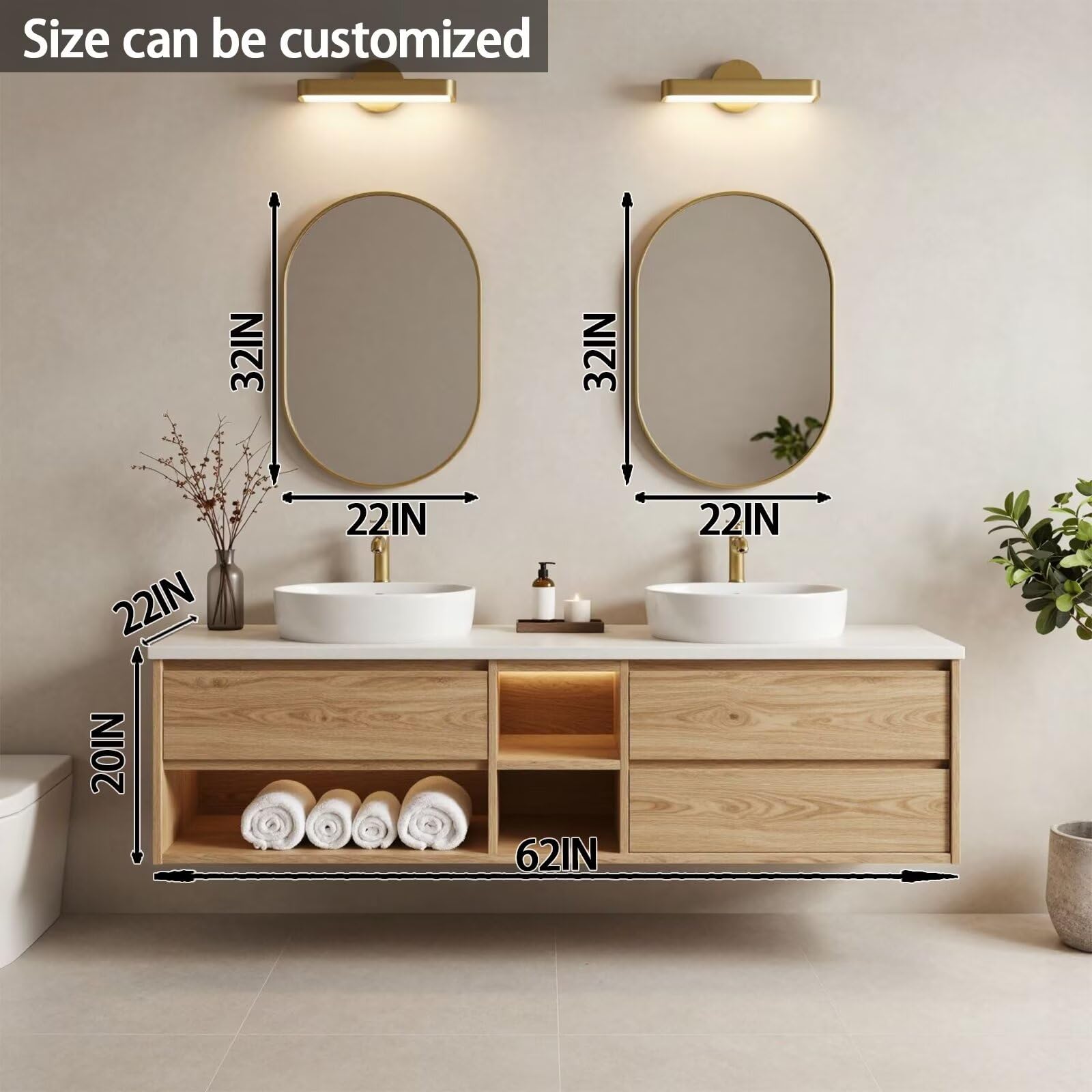 60"-84"Light Oak Floating Bathroom Vanity Set with Oval Gold Mirrors & Open Storage