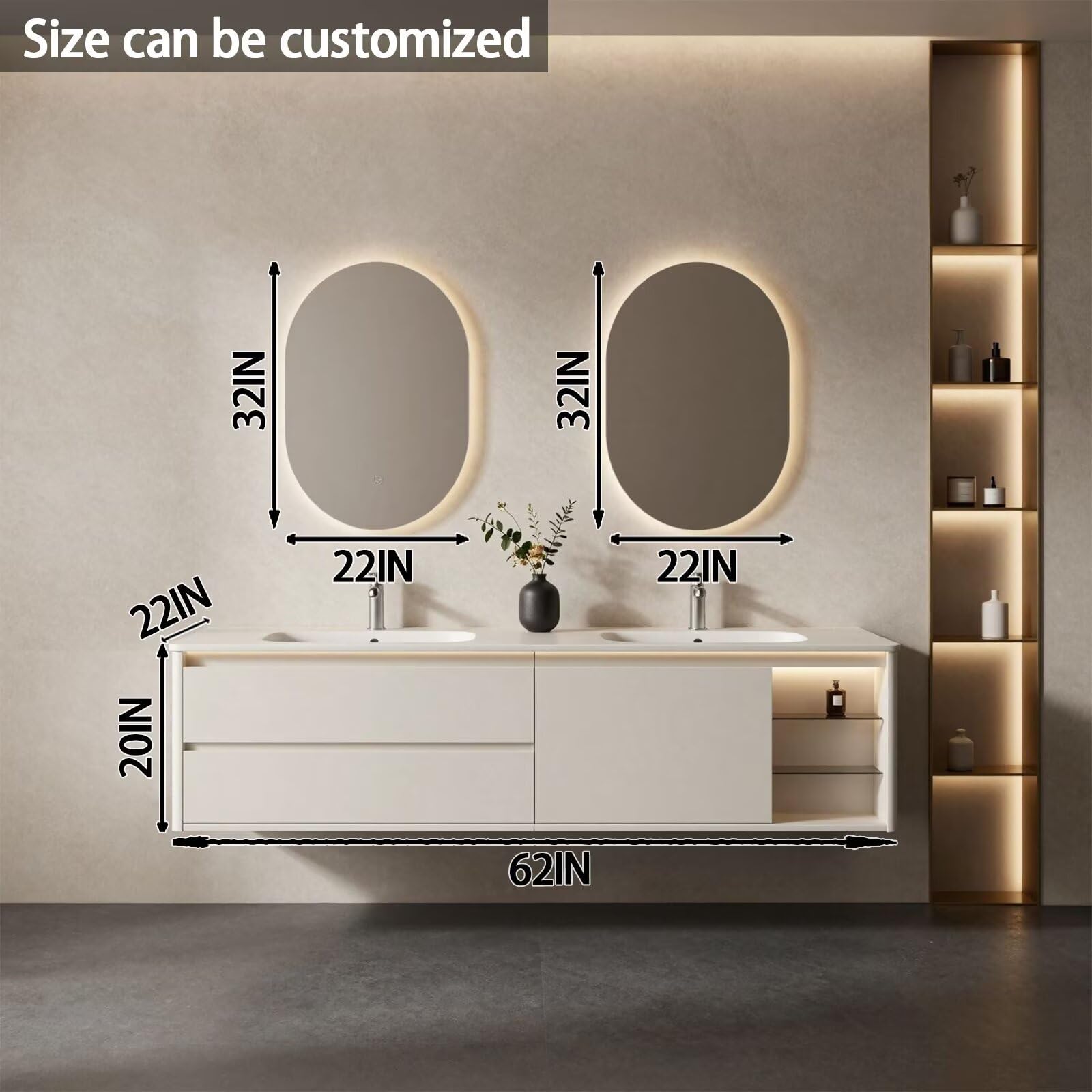 60"-84"Wall Mounted White Bathroom Vanity with Double Sinks & Open Shelf Storage