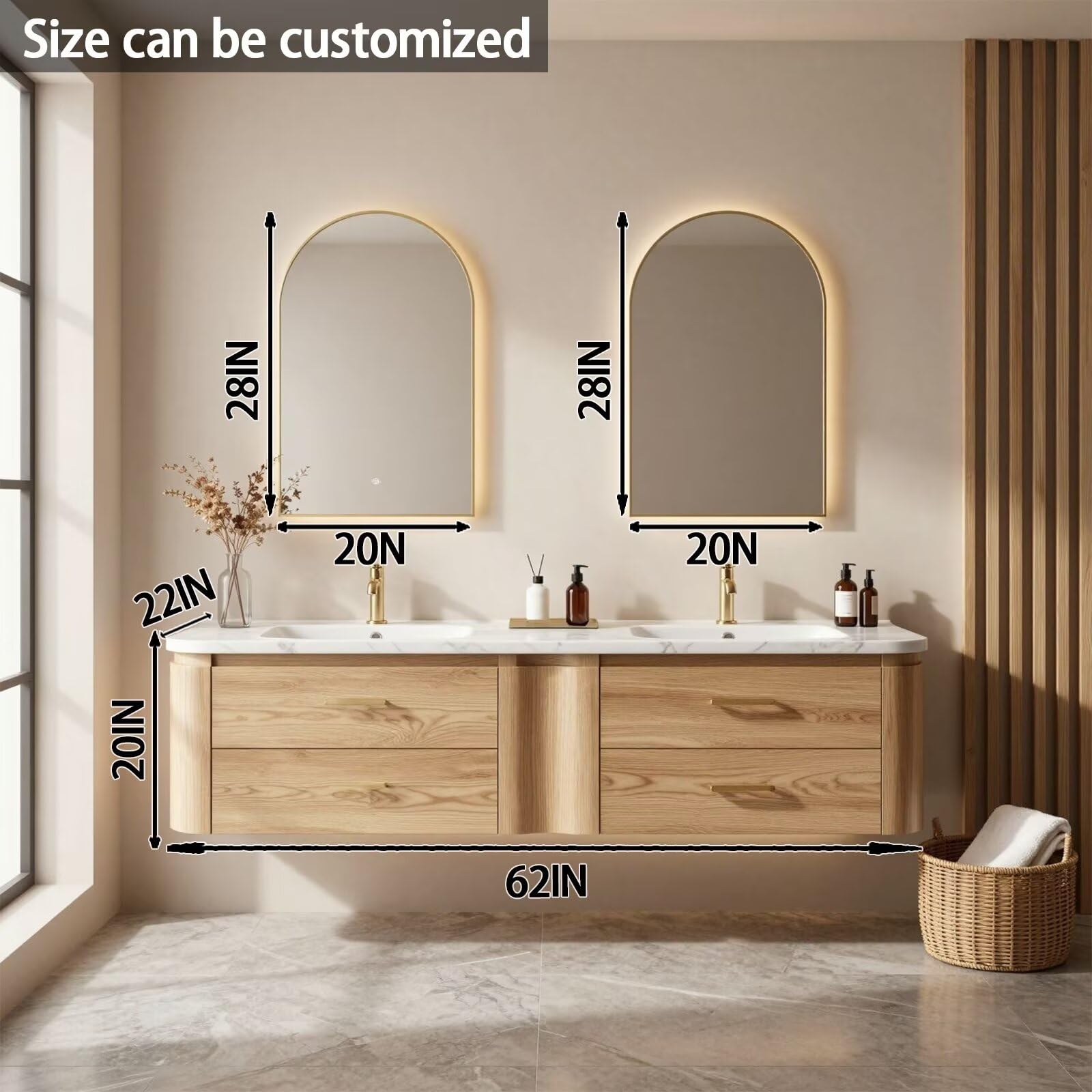 60"-84"Wall Mounted Oak Bathroom Vanity with Double Sinks & 4 Drawer Storage