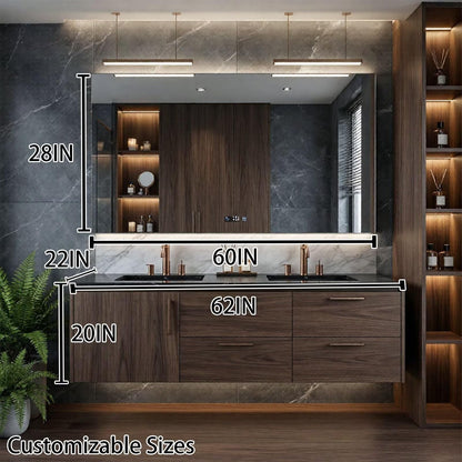 60"-96"Modern Wall-Mounted Bathroom Vanity with Double Sinks & Rose Gold Hardware