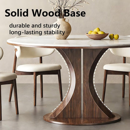 62"-78"Round Marble Dining Table with Wood Base, Modern Sintered Stone Table for 4-6